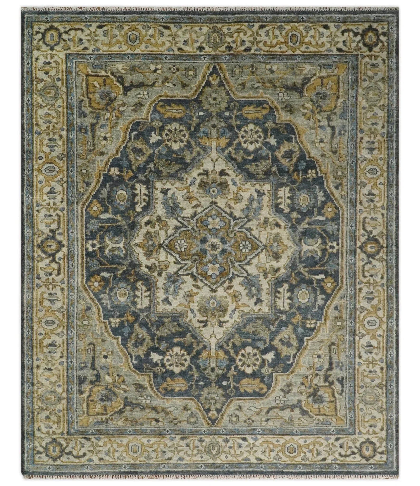 Antique Muted Wool Traditional Blue ,Beige and Brown Hand knotted Persian Serapi Area Rug | TRDCP718 - The Rug Decor