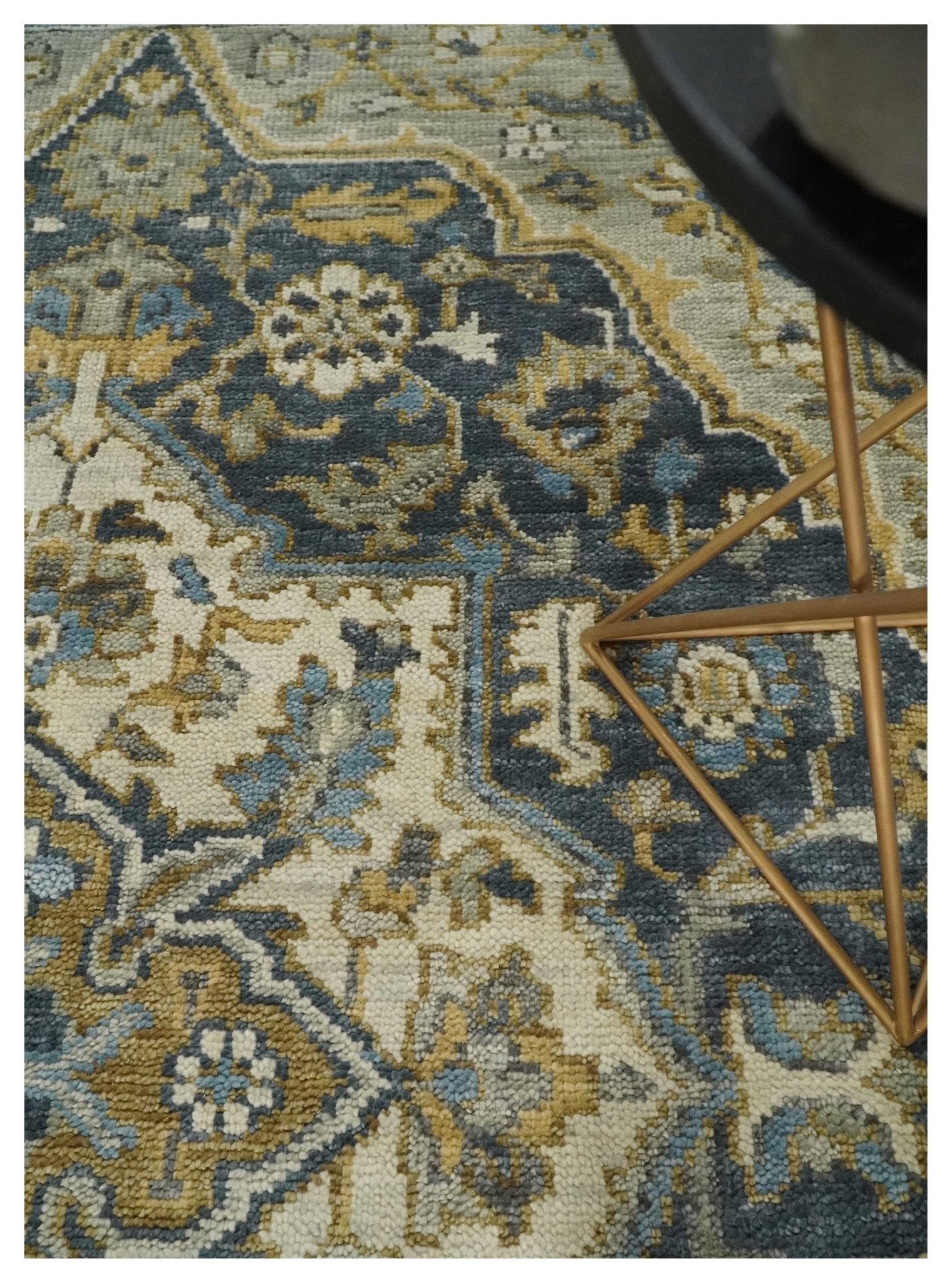 Antique Muted Wool Traditional Blue ,Beige and Brown Hand knotted Persian Serapi Area Rug | TRDCP718 - The Rug Decor