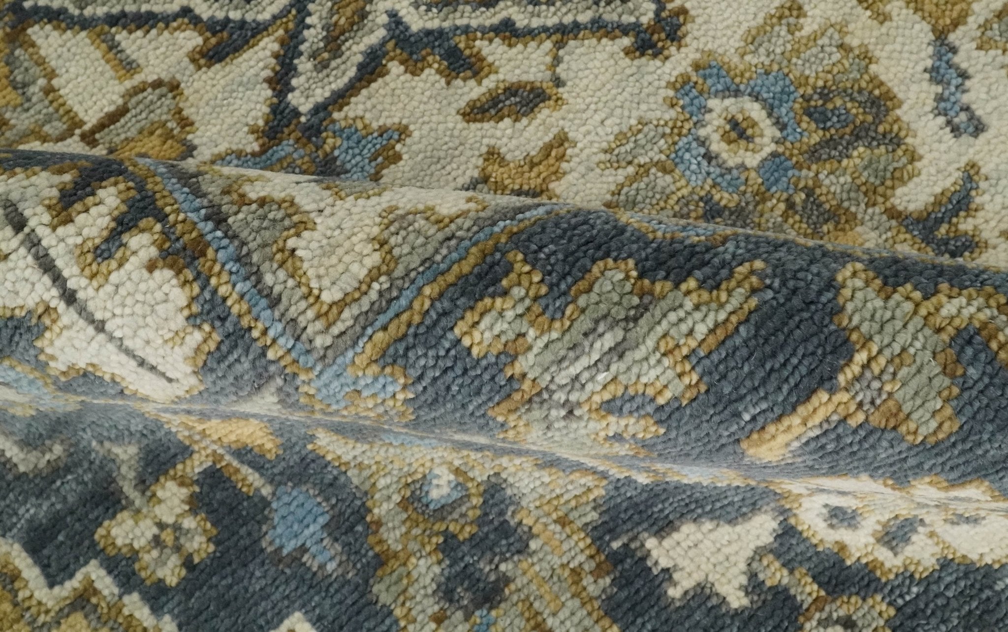 Antique Muted Wool Traditional Blue ,Beige and Brown Hand knotted Persian Serapi Area Rug | TRDCP718 - The Rug Decor