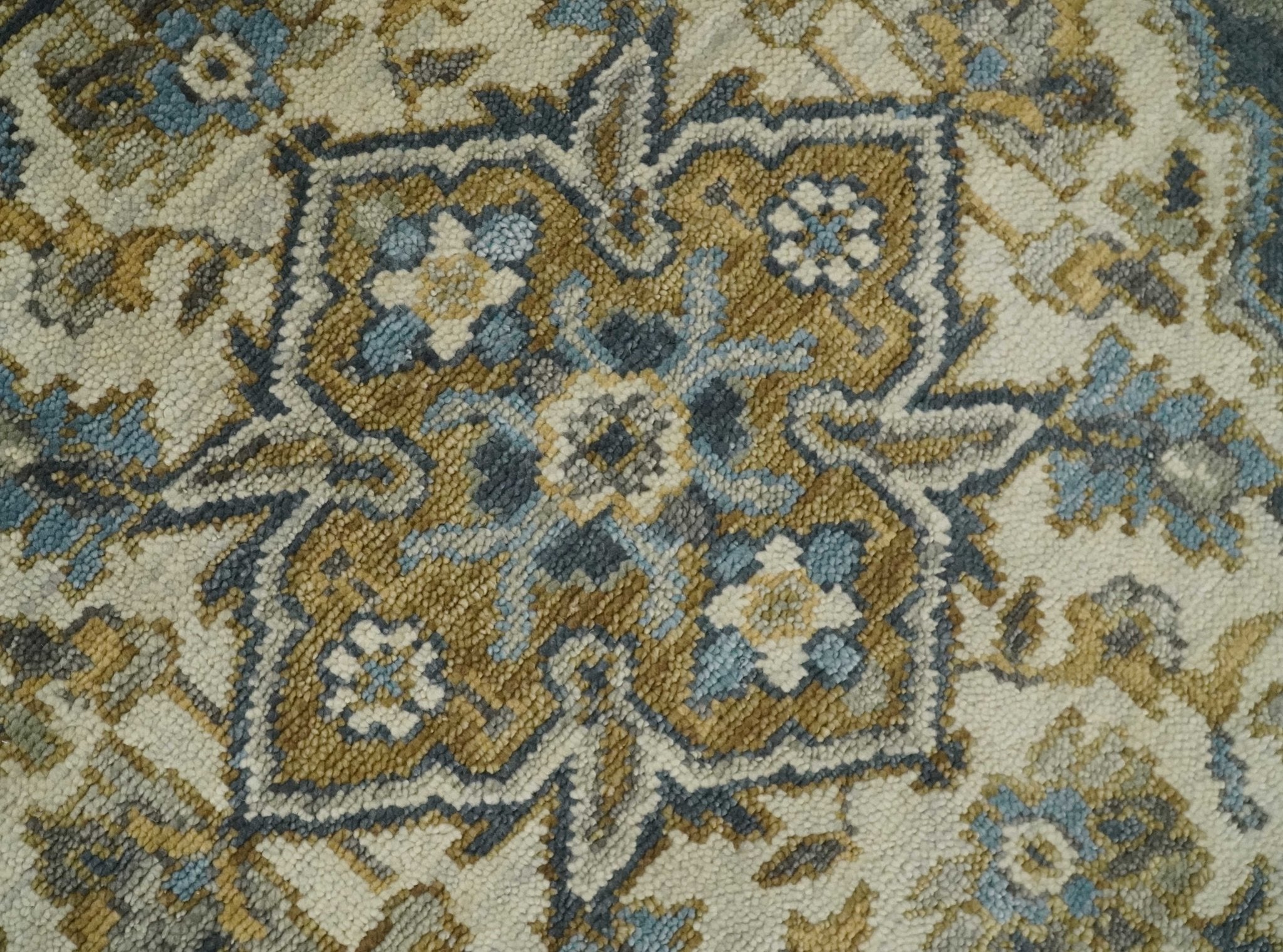 Antique Muted Wool Traditional Blue ,Beige and Brown Hand knotted Persian Serapi Area Rug | TRDCP718 - The Rug Decor
