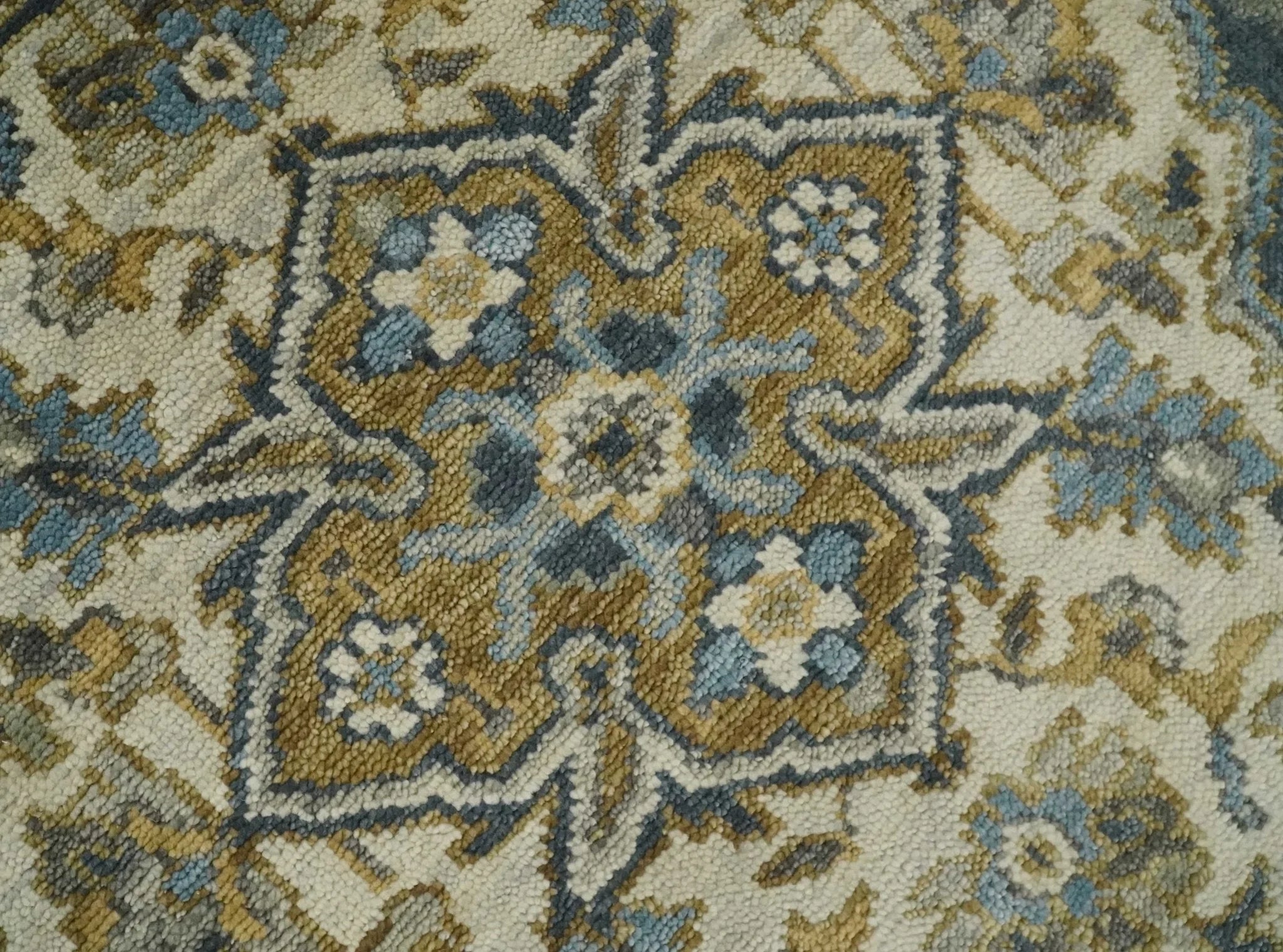 Antique Muted Wool Traditional Blue ,Beige and Brown Hand knotted Persian Serapi Area Rug | TRDCP718 - The Rug Decor