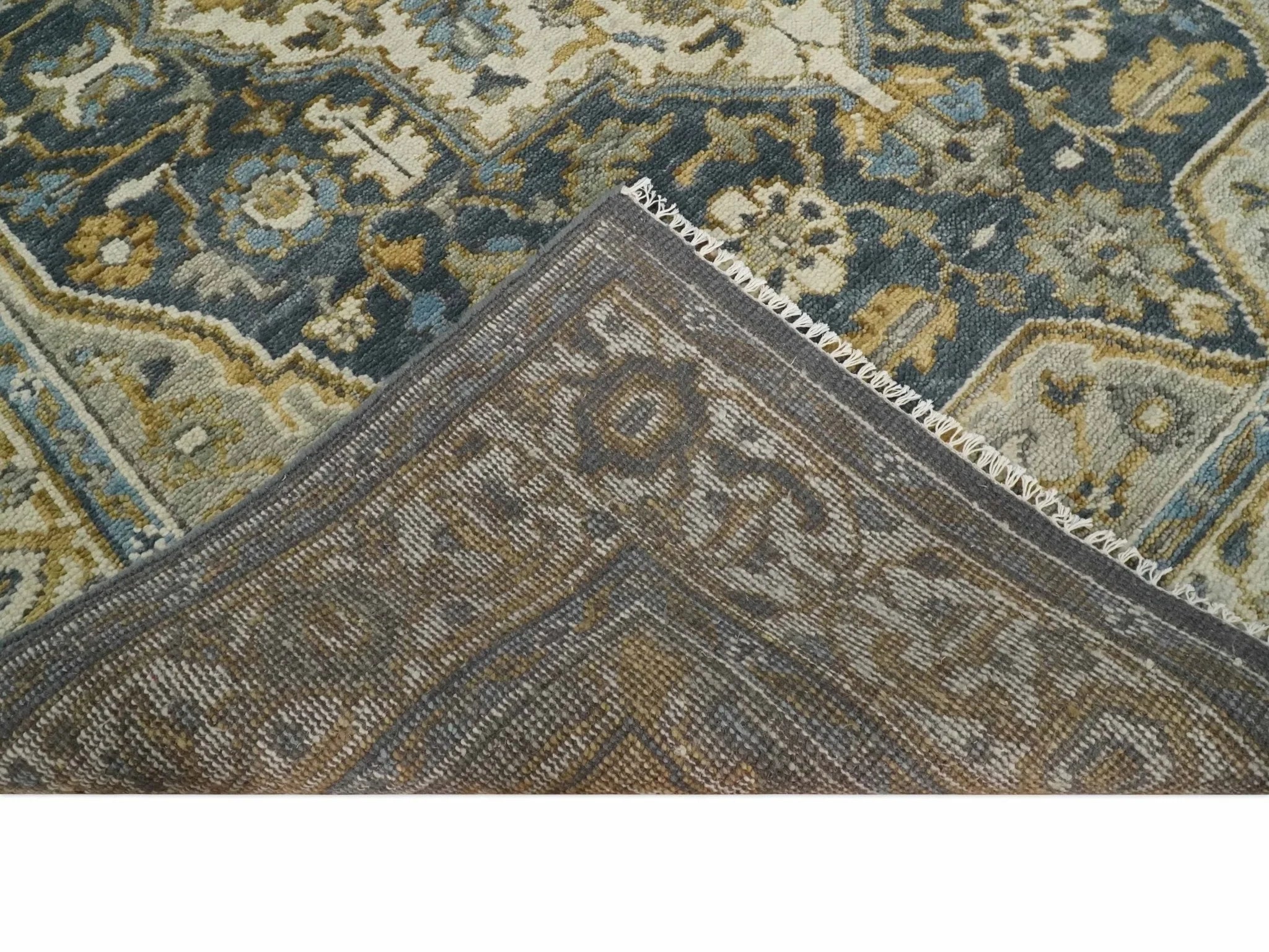 Antique Muted Wool Traditional Blue ,Beige and Brown Hand knotted Persian Serapi Area Rug | TRDCP718 - The Rug Decor