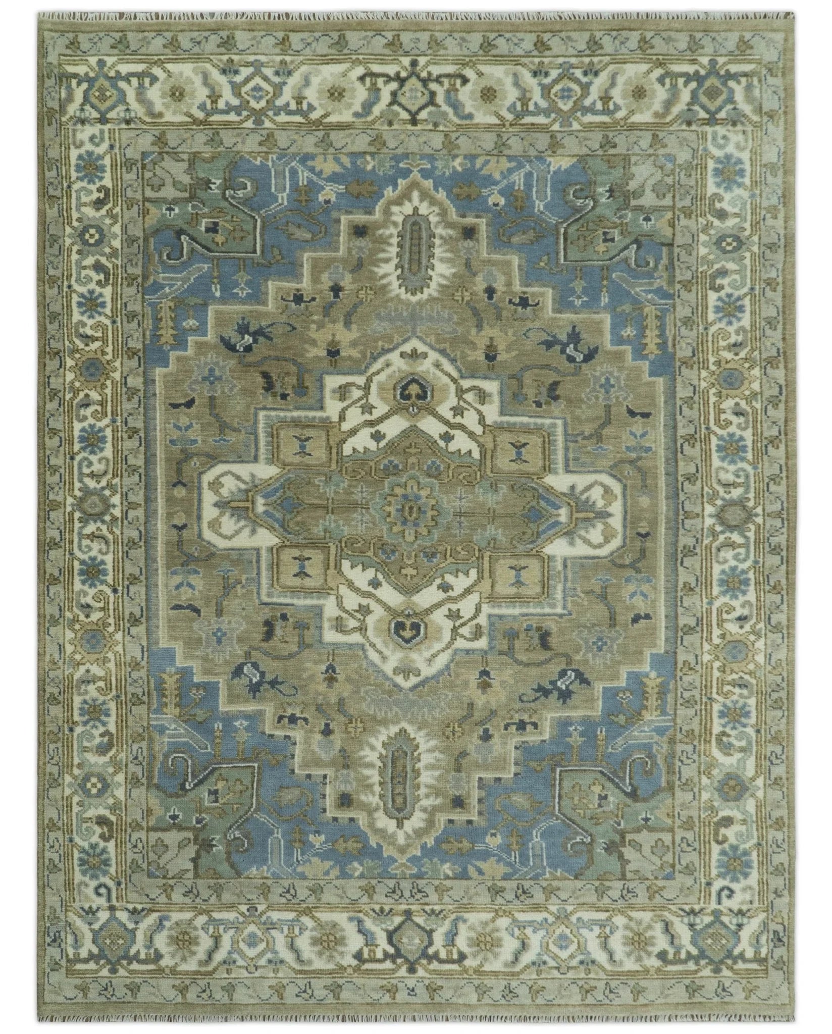 Antique Olive, Blue and Ivory Heriz Serapi Multi Size Wool Area Rug - The Rug Decor