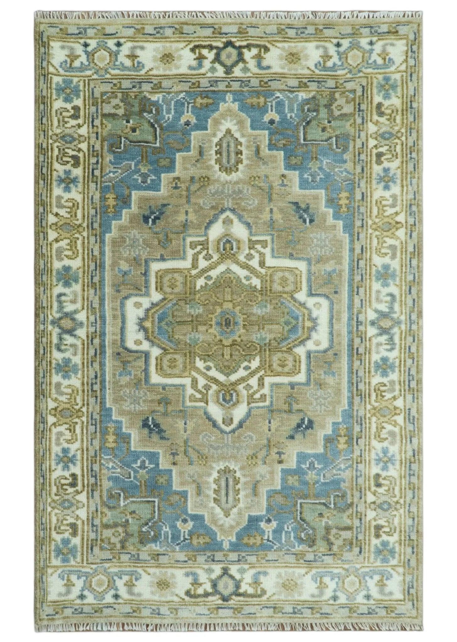Antique Olive, Blue and Ivory Heriz Serapi Multi Size Wool Area Rug - The Rug Decor