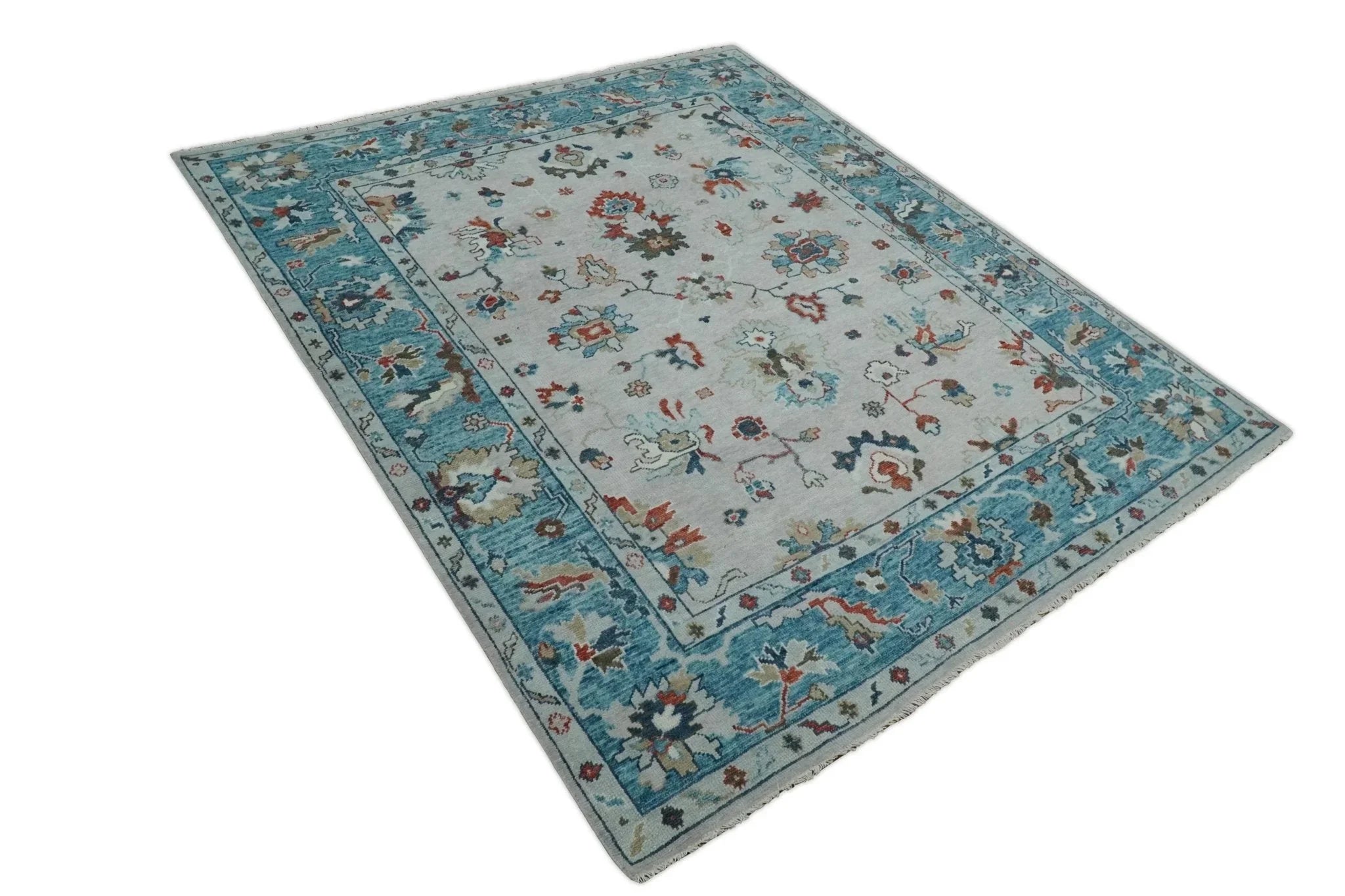 Ivory and Blue Vibrant Colorful Hand knotted Traditional Oushak Multi Size wool Area Rug - The Mayfair Hall