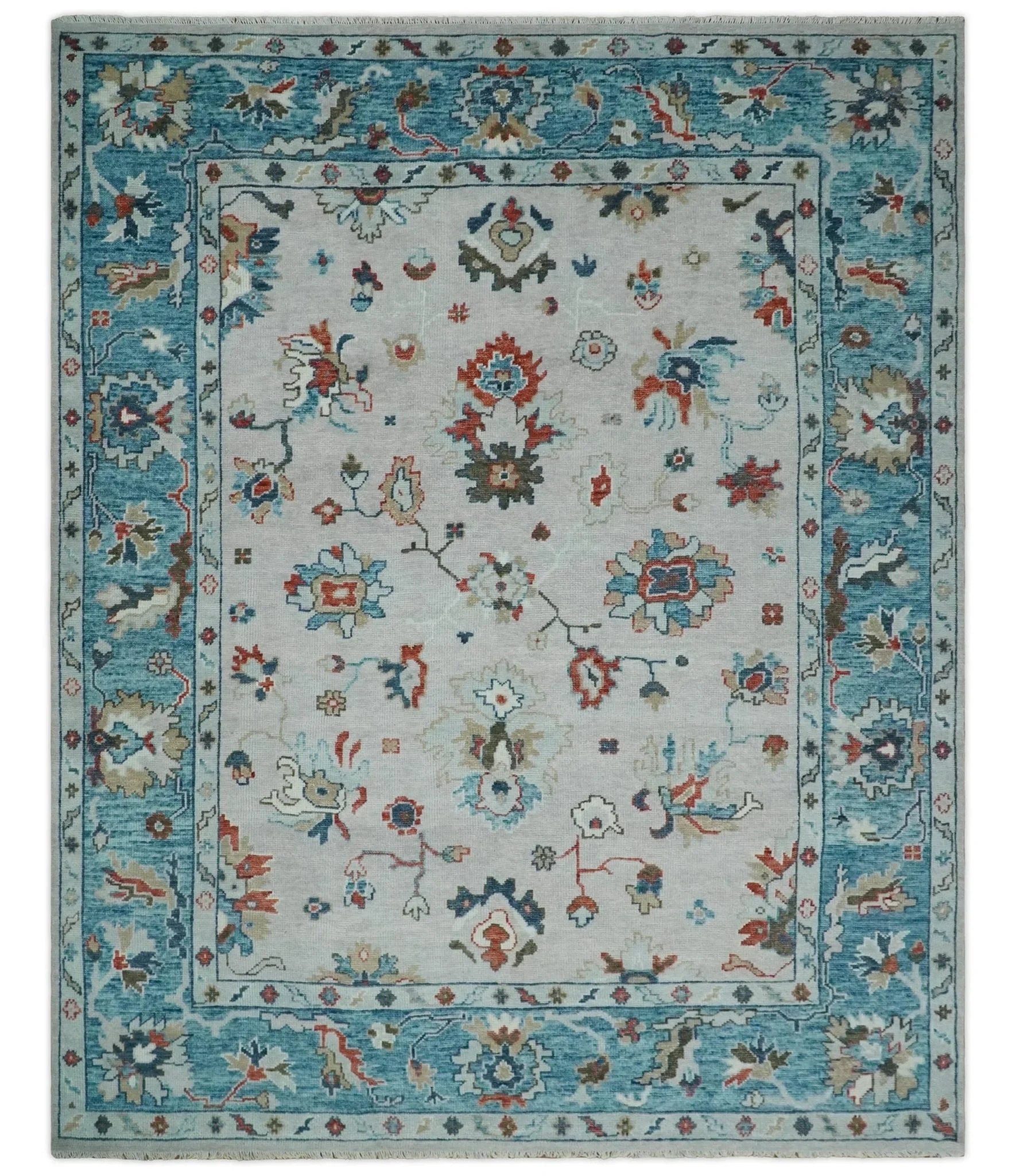 Ivory and Blue Vibrant Colorful Hand knotted Traditional Oushak Multi Size wool Area Rug - The Mayfair Hall