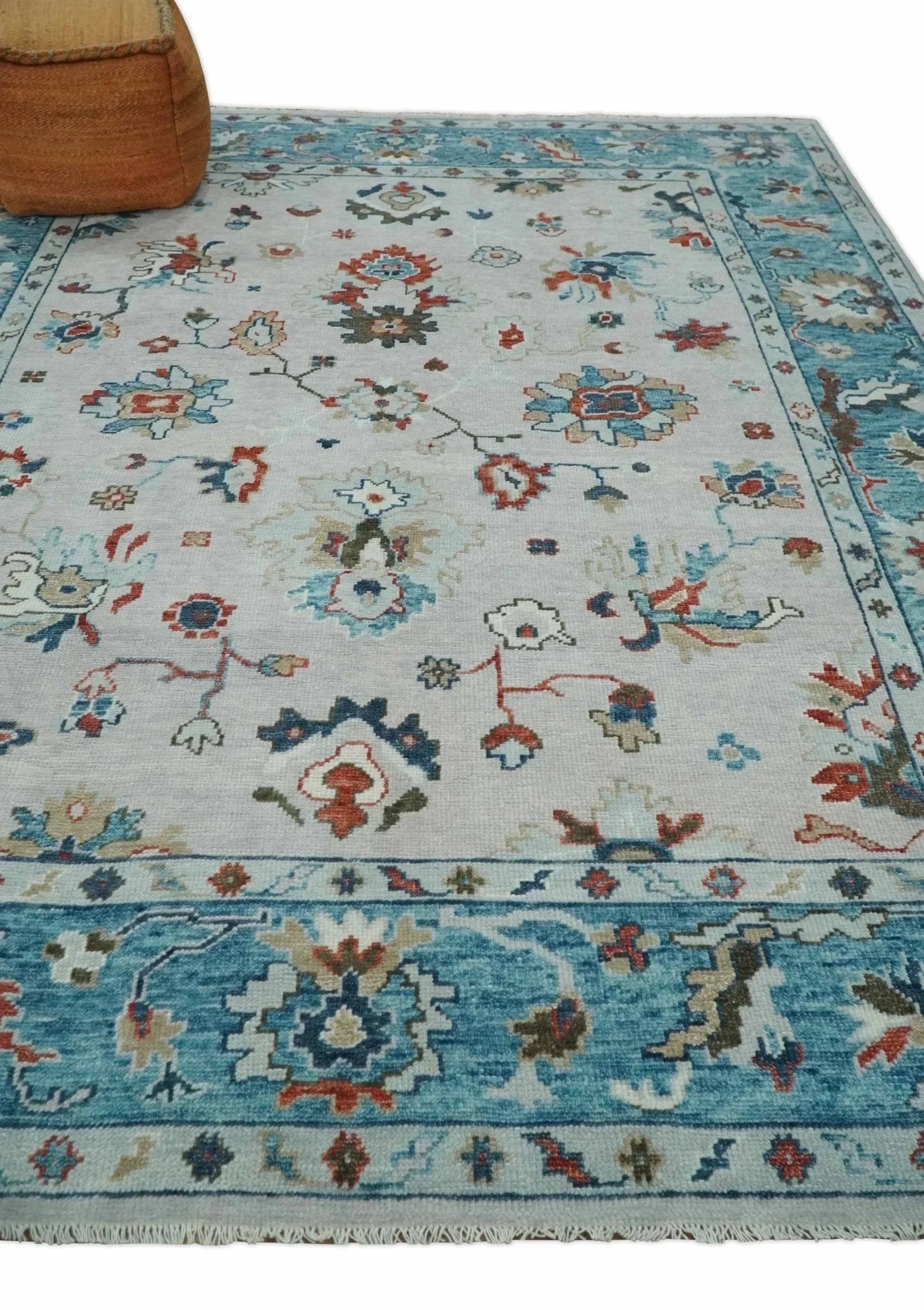 Ivory and Blue Vibrant Colorful Hand knotted Traditional Oushak Multi Size wool Area Rug - The Mayfair Hall