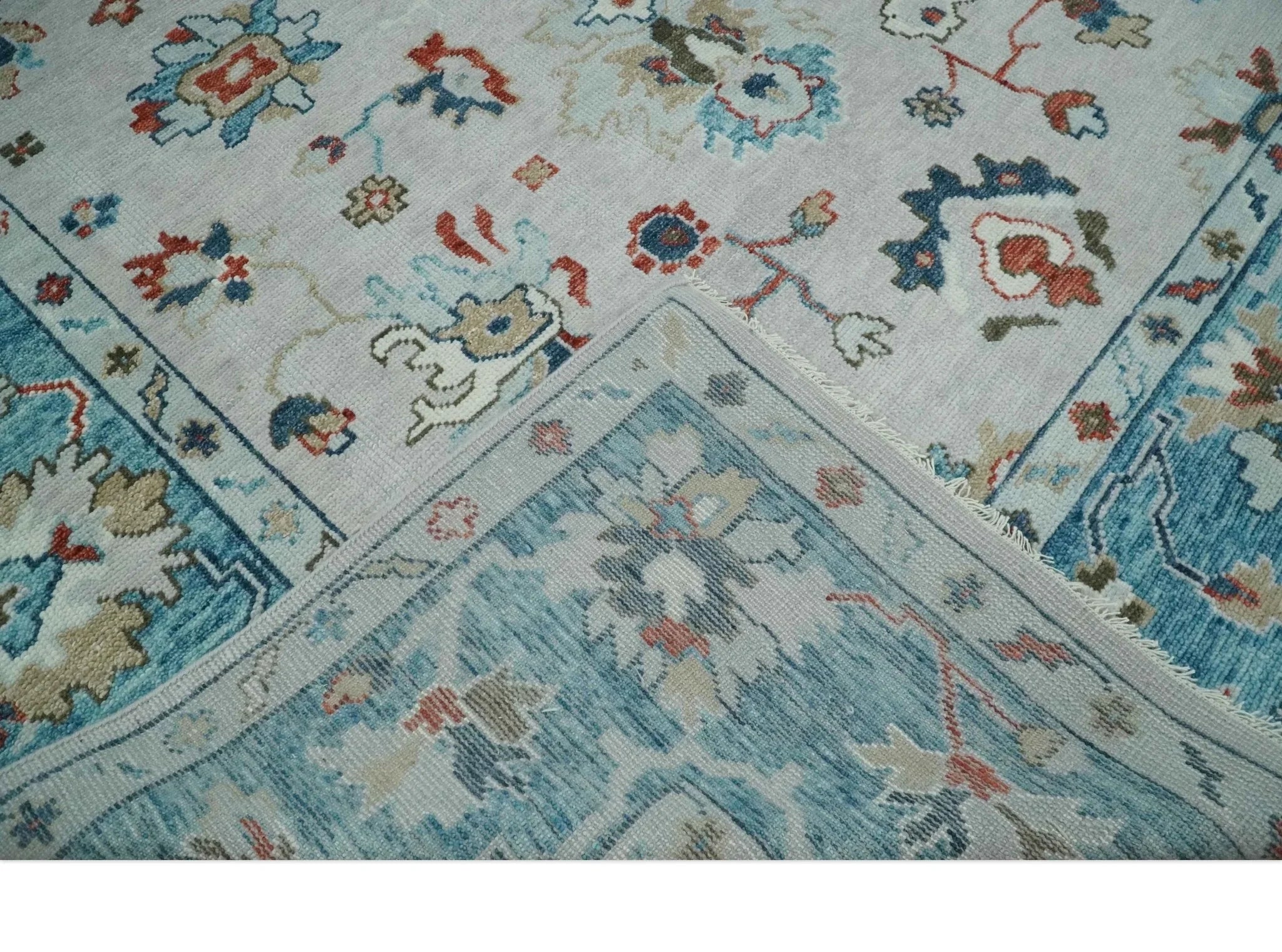Ivory and Blue Vibrant Colorful Hand knotted Traditional Oushak Multi Size wool Area Rug - The Mayfair Hall