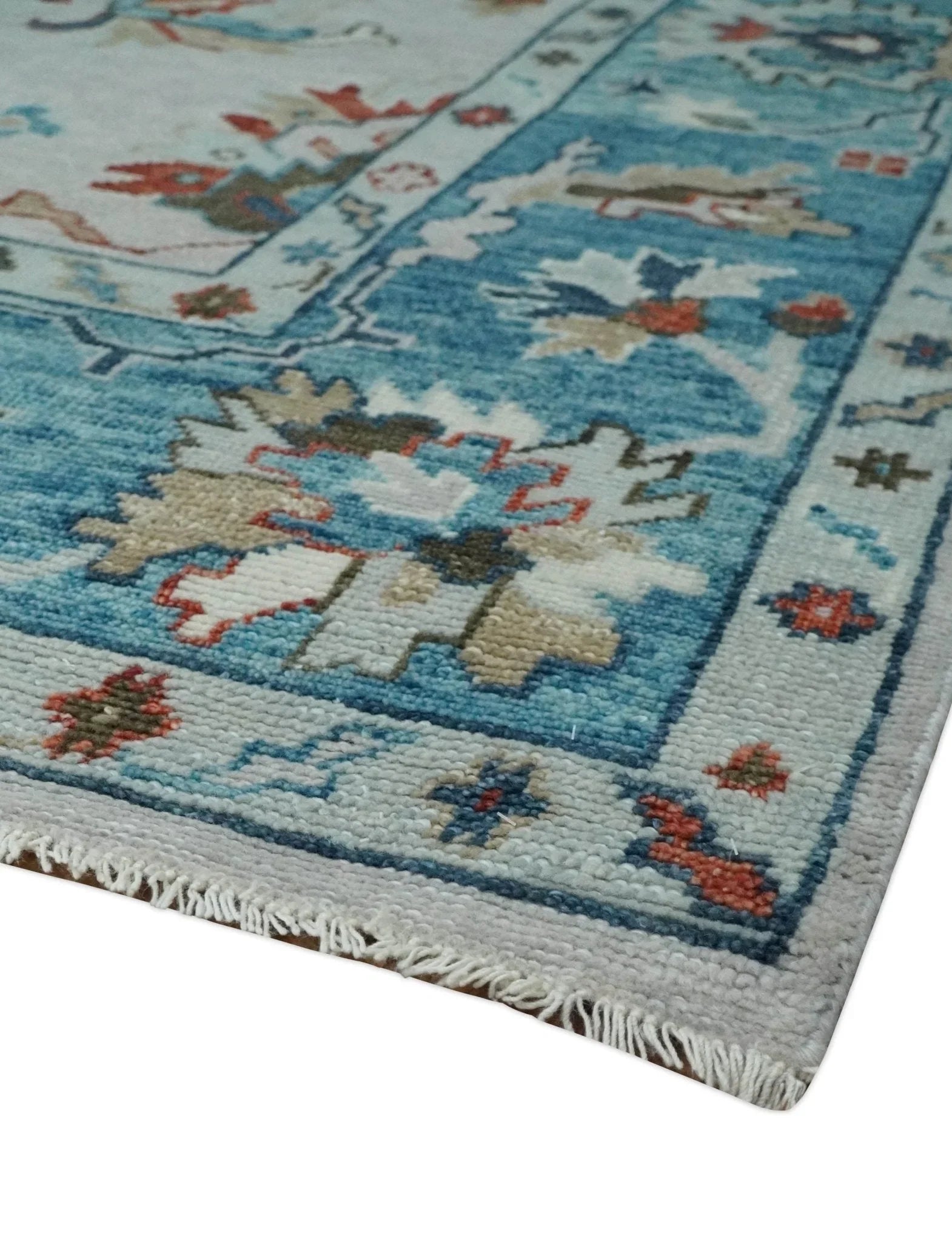 Ivory and Blue Vibrant Colorful Hand knotted Traditional Oushak Multi Size wool Area Rug - The Mayfair Hall