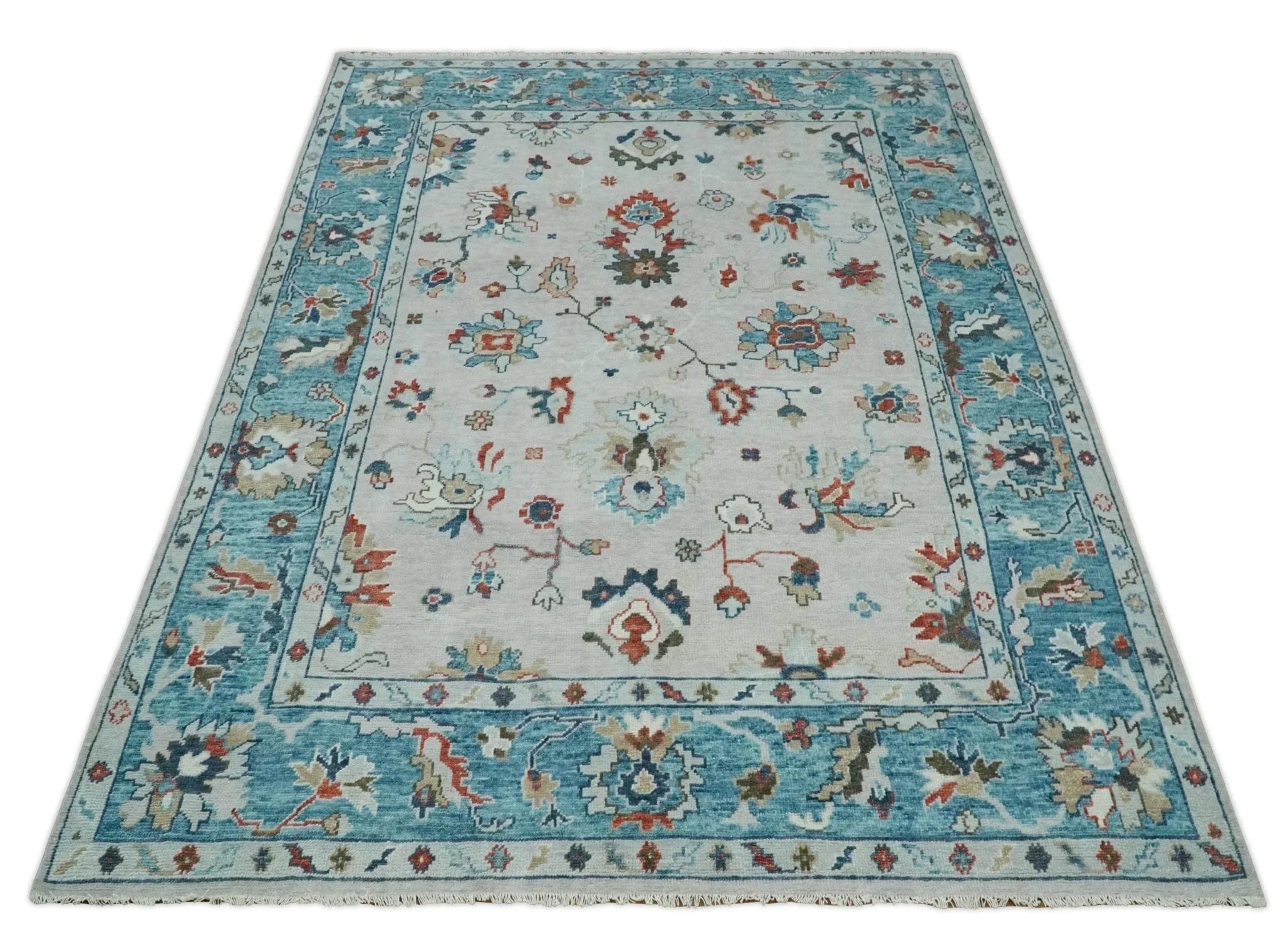 Ivory and Blue Vibrant Colorful Hand knotted Traditional Oushak Multi Size wool Area Rug - The Mayfair Hall