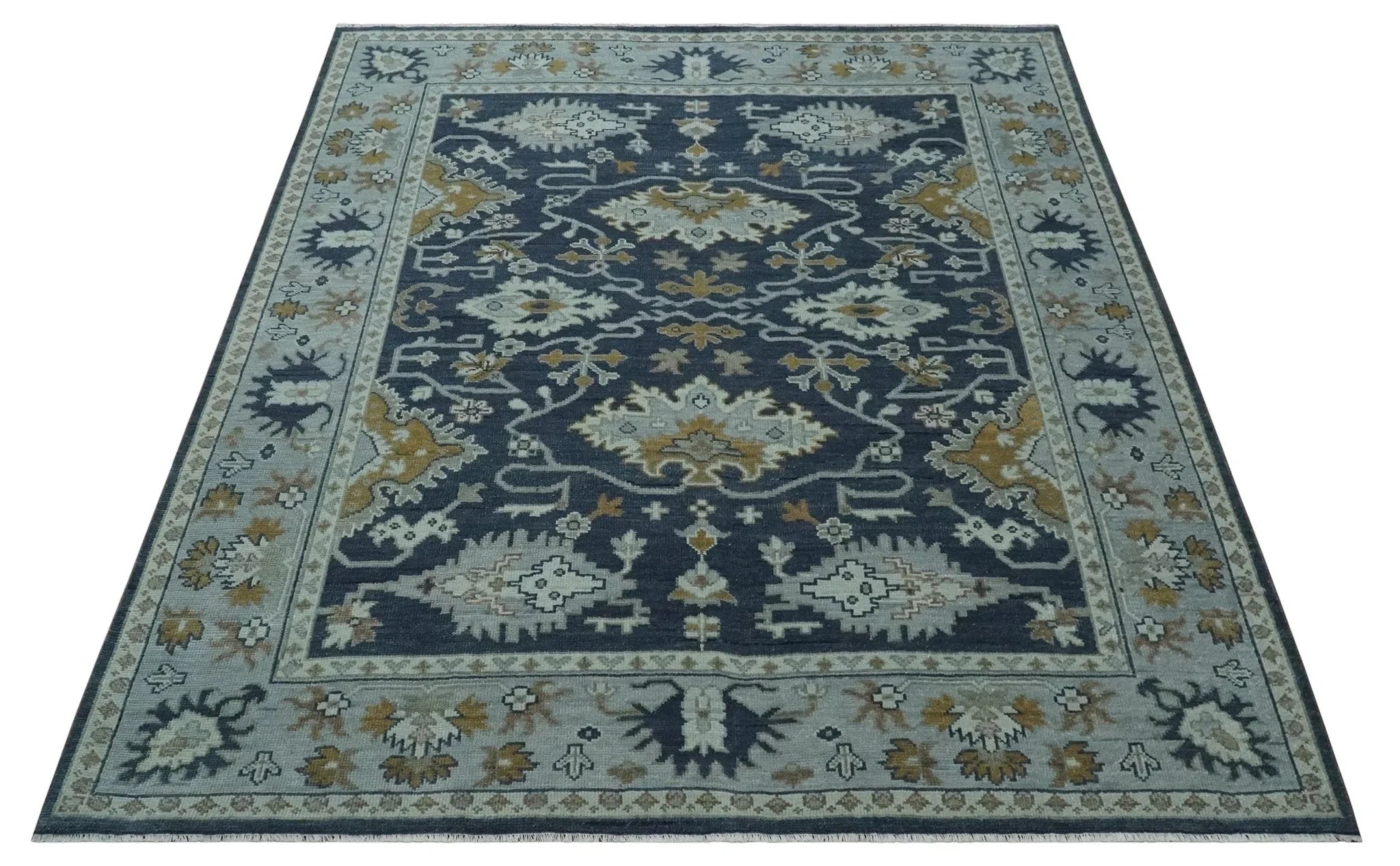 Antique style Blue and Silver Traditional Multi Size Hand Knotted Oushak Wool Rug - The Rug Decor