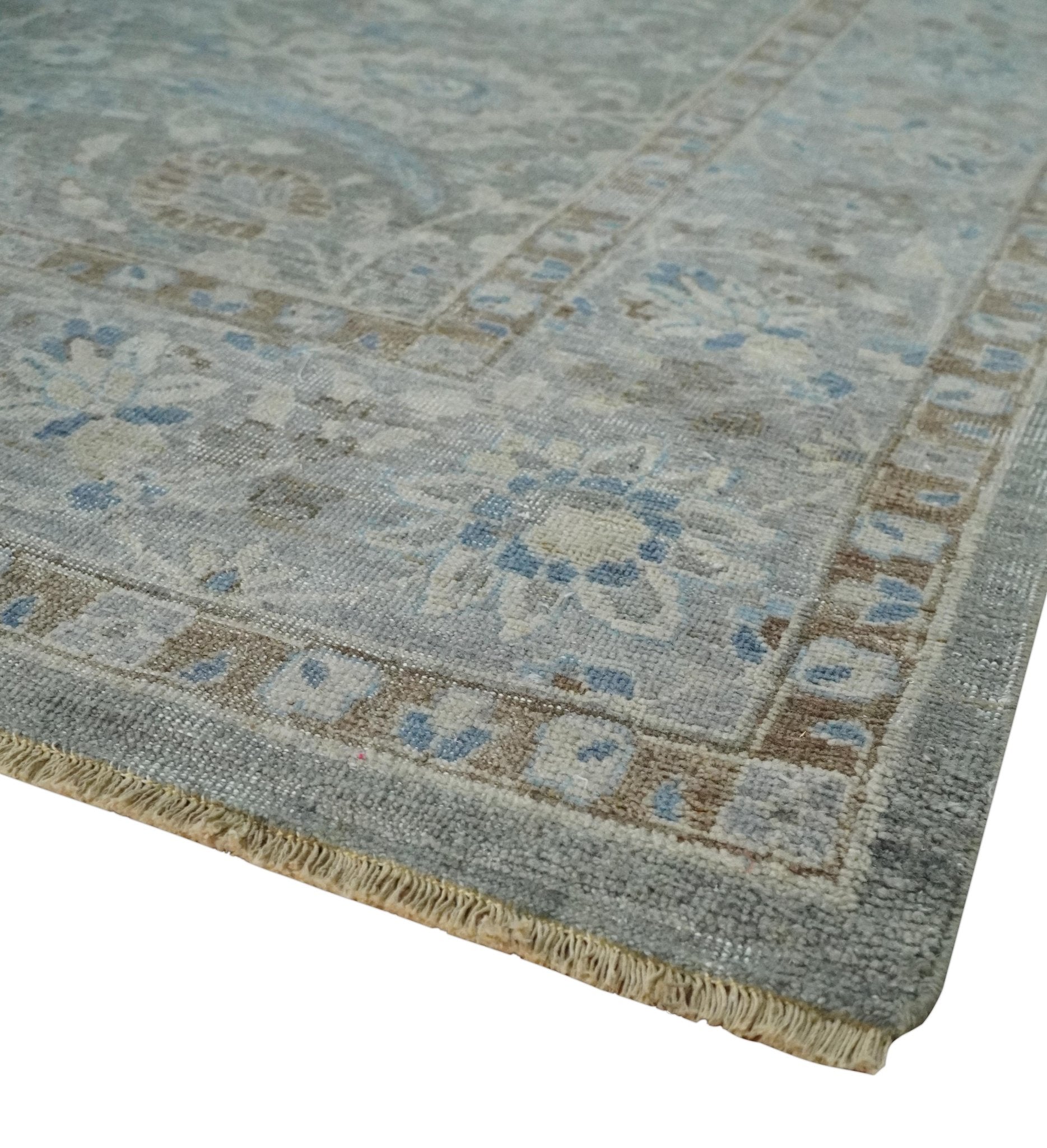Antique Style Blue, Gray and Beige Hand knotted Classic Distressed Finished Custom Made wool Area Rug - The Rug Decor