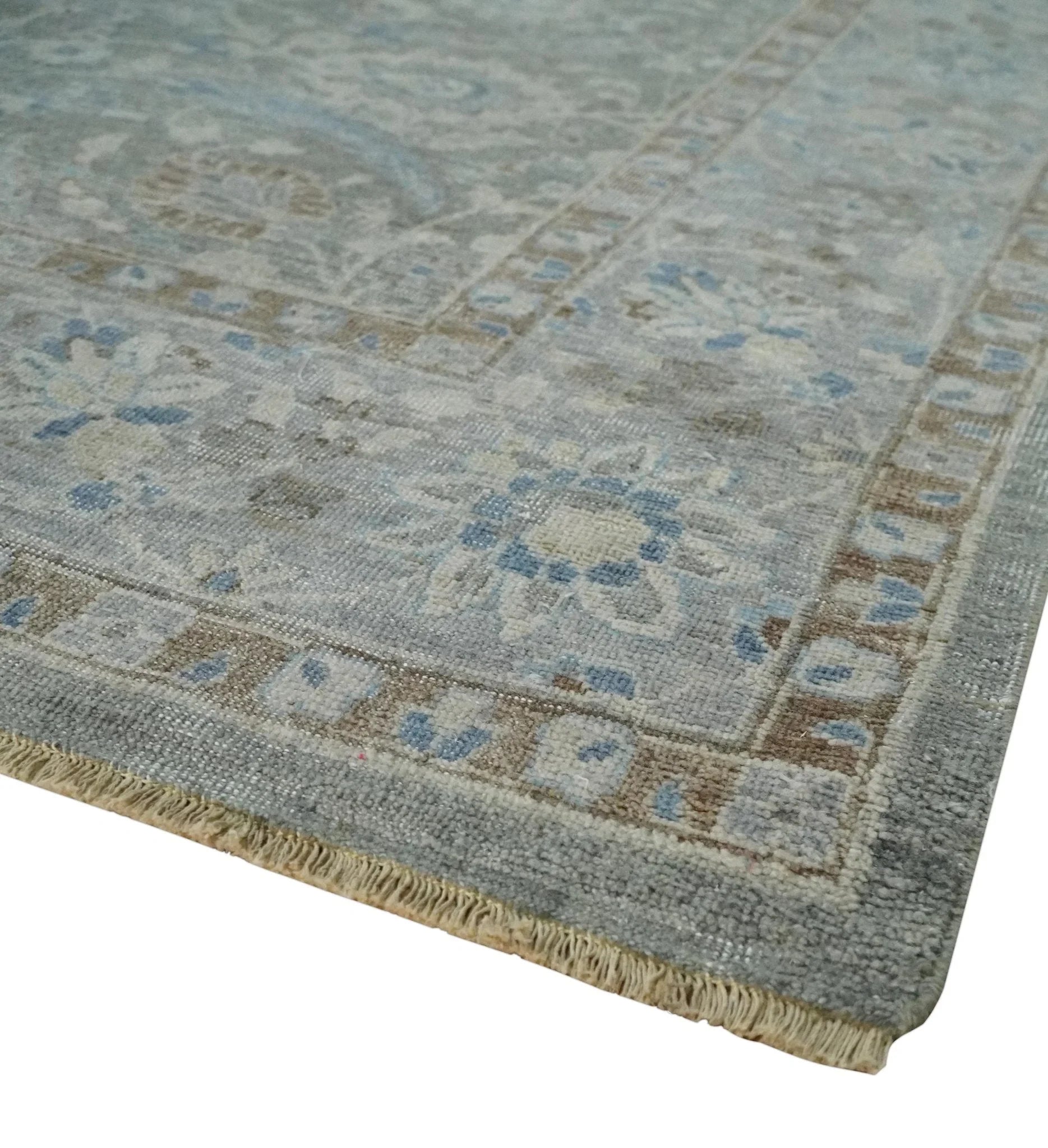 Antique Style Blue, Gray and Beige Hand knotted Classic Distressed Finished Custom Made wool Area Rug - The Rug Decor