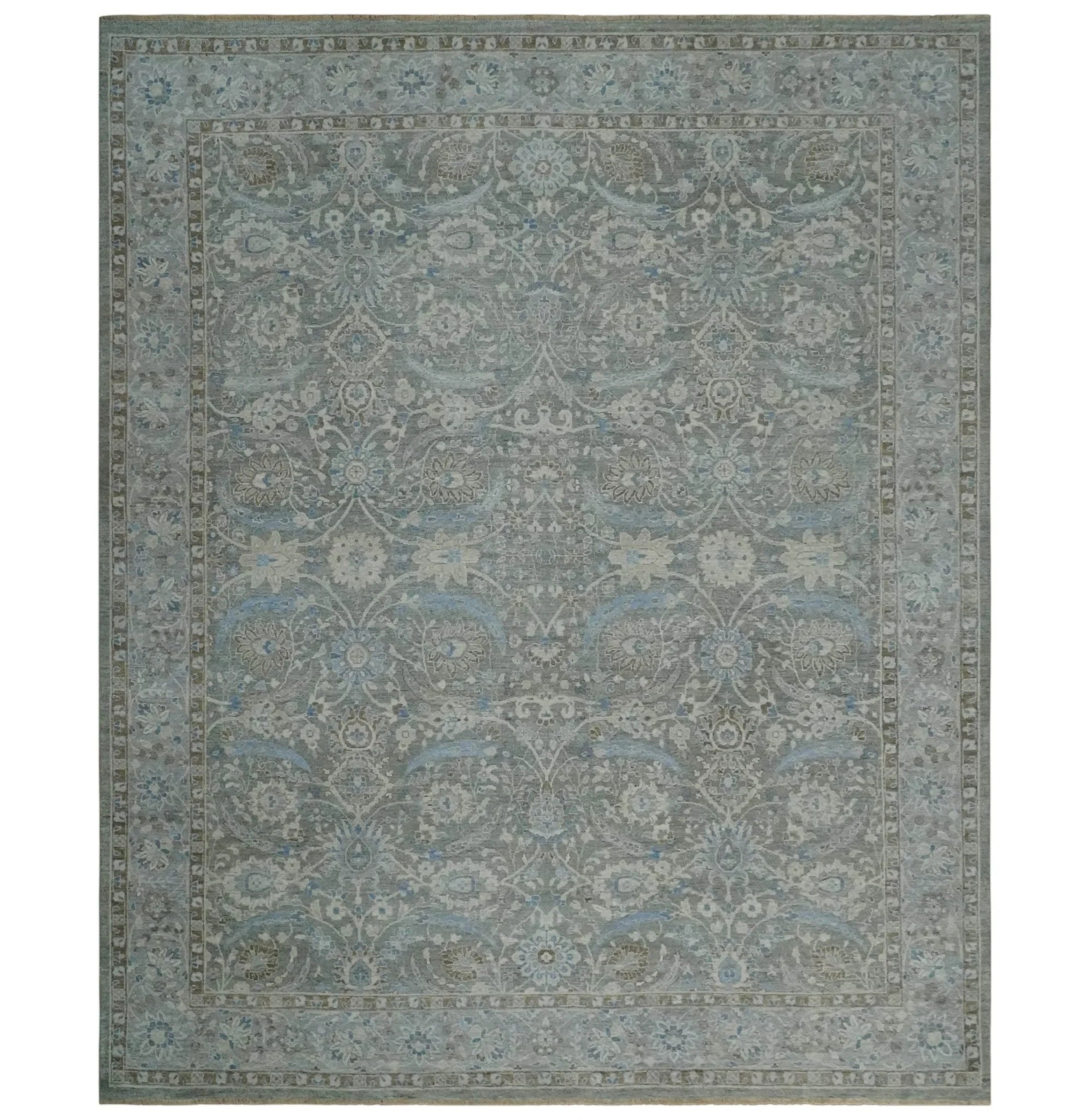 Antique Style Blue, Gray and Beige Hand knotted Classic Distressed Finished Custom Made wool Area Rug - The Rug Decor