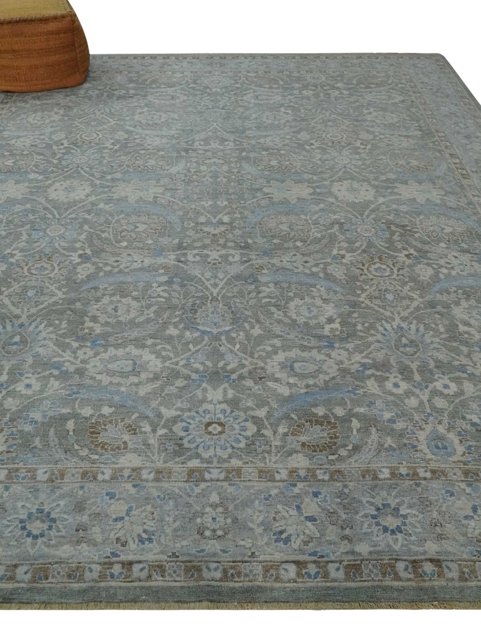Antique Style Blue, Gray and Beige Hand knotted Classic Distressed Finished Custom Made wool Area Rug - The Rug Decor