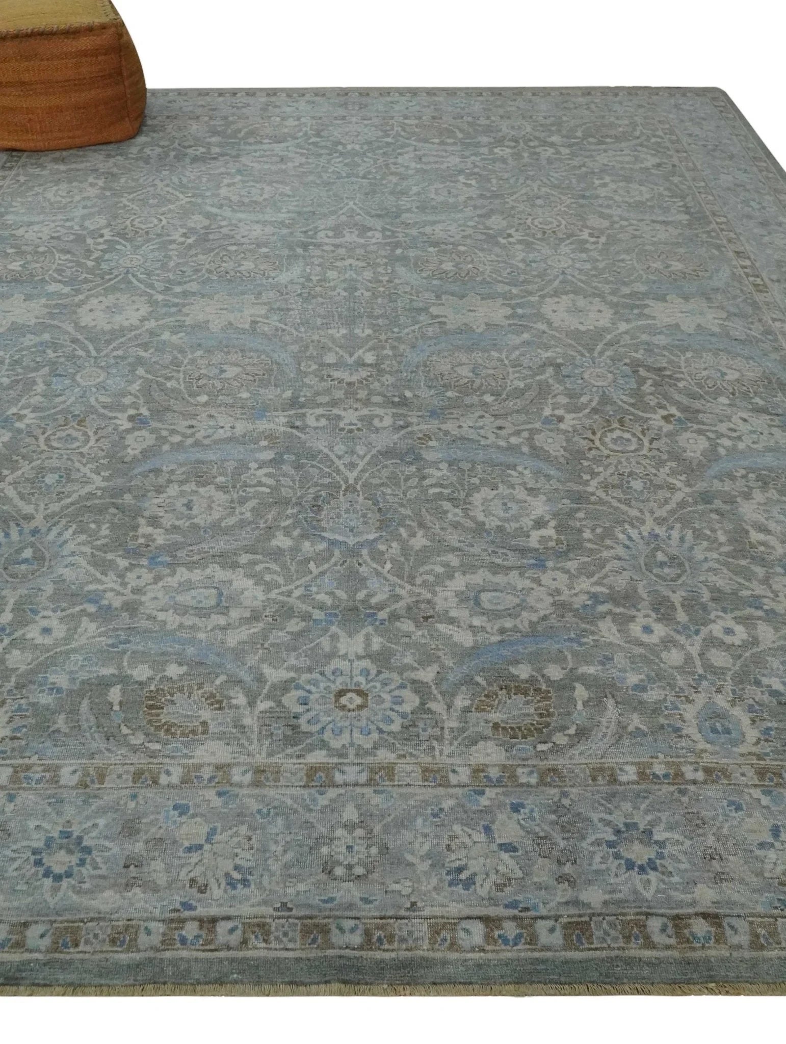 Antique Style Blue, Gray and Beige Hand knotted Classic Distressed Finished Custom Made wool Area Rug - The Rug Decor