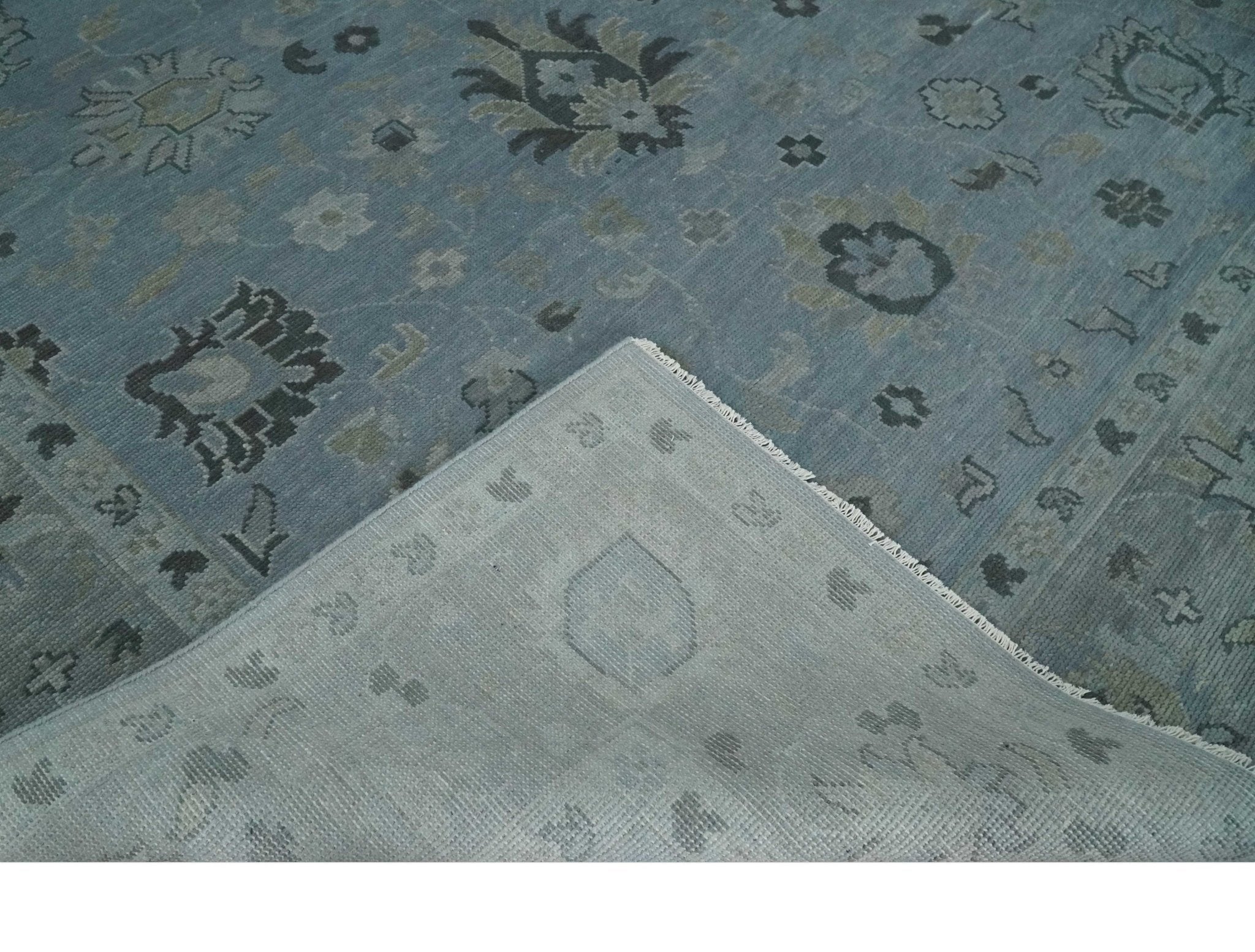 Antique style Blue, Silver and Charcoal Hand Knotted Oushak Wool Area Rug - The Rug Decor