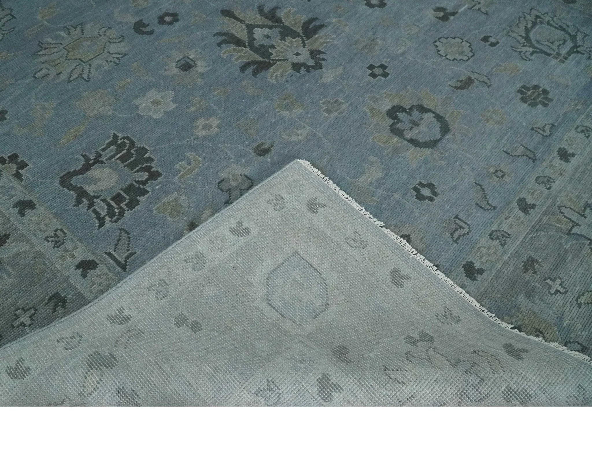 Antique style Blue, Silver and Charcoal Hand Knotted Oushak Wool Area Rug - The Rug Decor