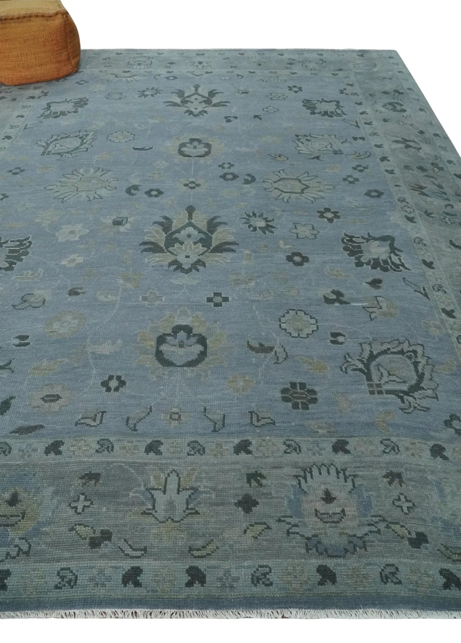 Antique style Blue, Silver and Charcoal Hand Knotted Oushak Wool Area Rug - The Rug Decor