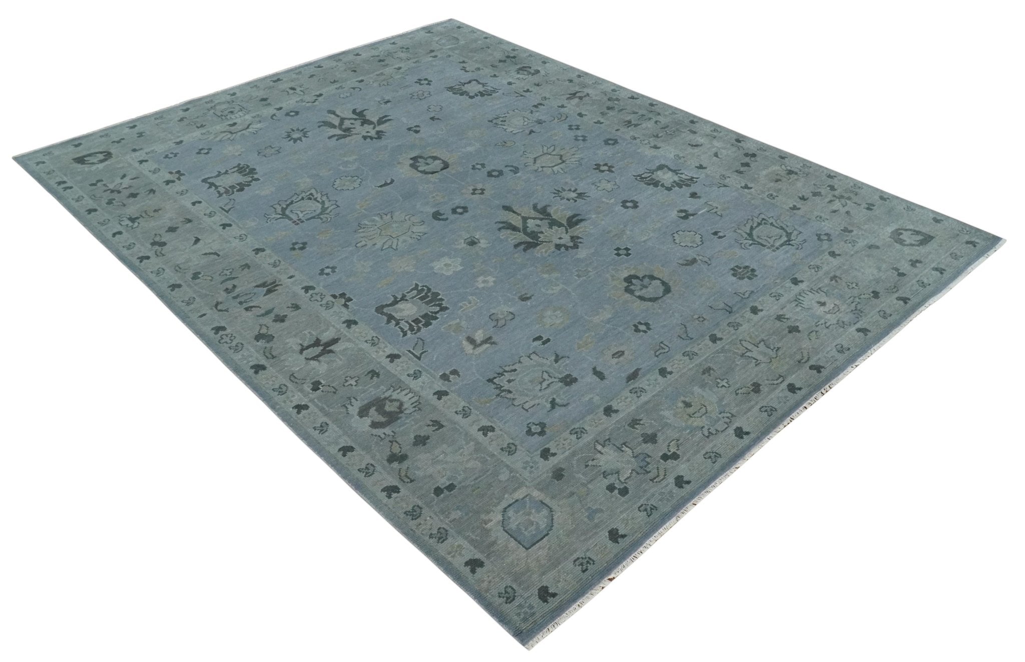 Antique style Blue, Silver and Charcoal Hand Knotted Oushak Wool Area Rug - The Rug Decor