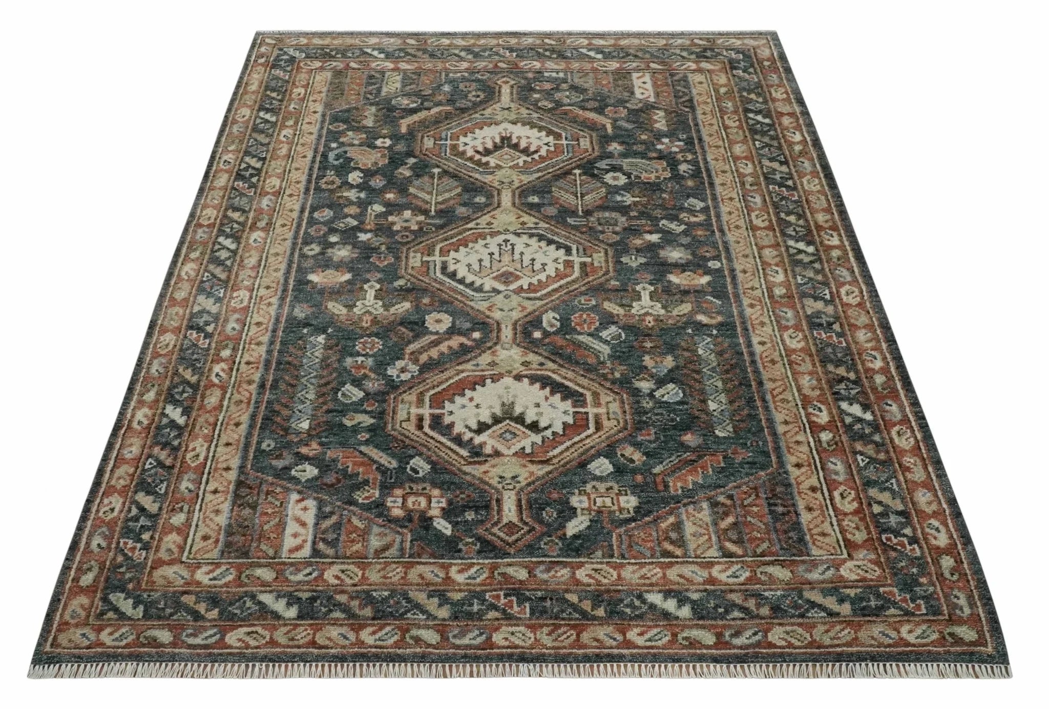 Antique Style Charcoal, Beige and Rust Hand knotted Custom Made wool Area Rug - The Rug Decor