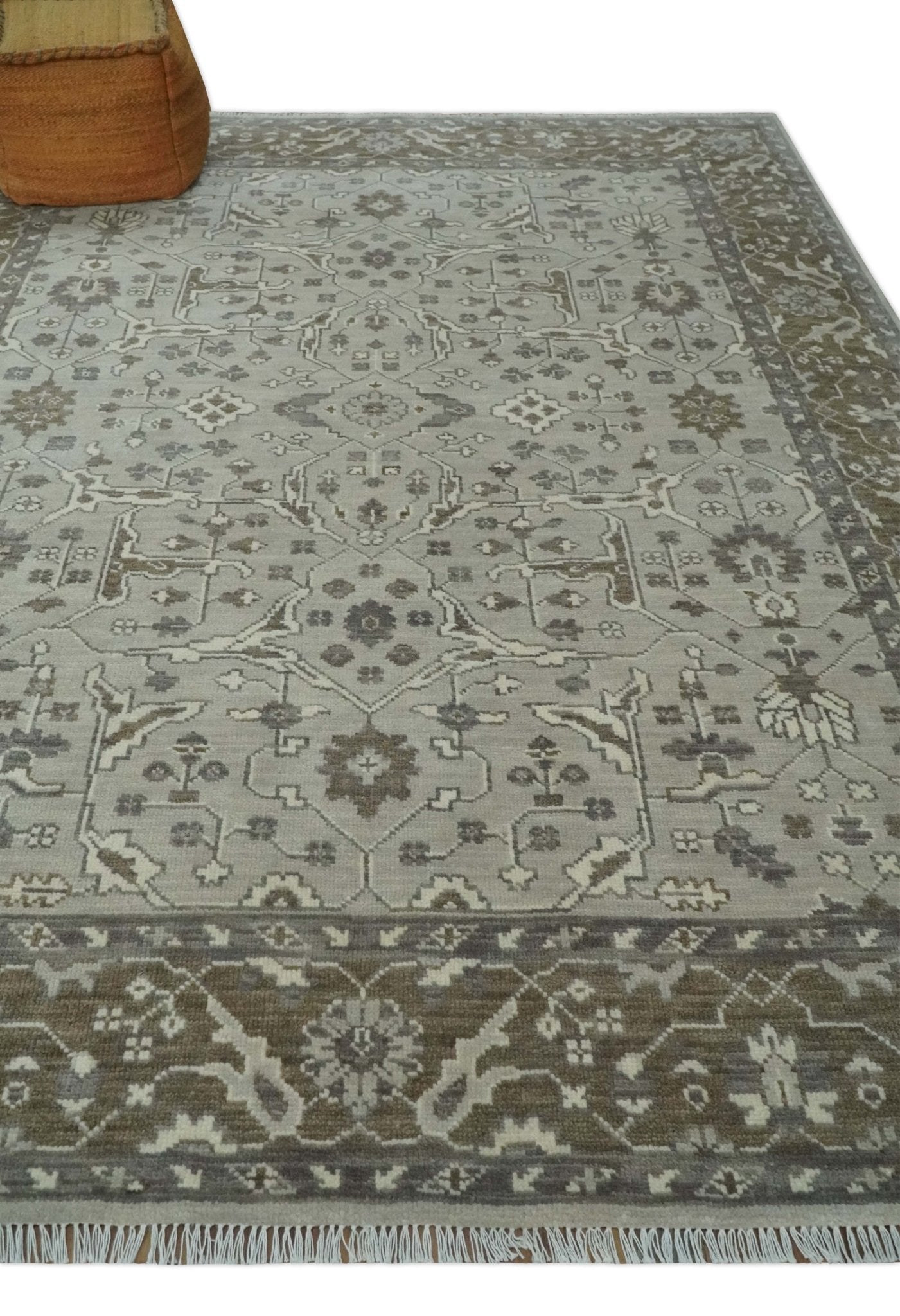 Antique Style Custom Made Traditional Silver and Brown Oriental Oushak Wool Area Rug - The Rug Decor