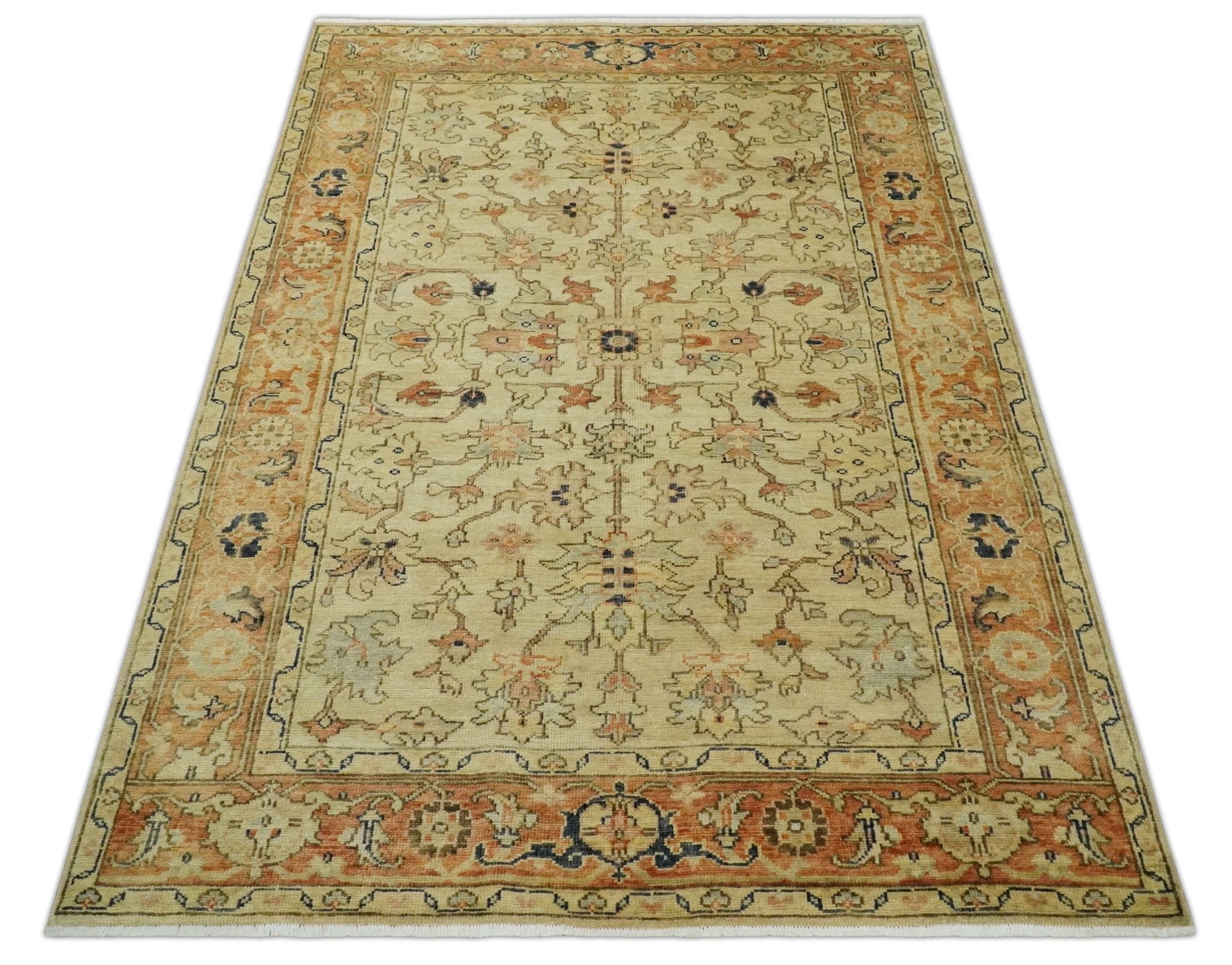 Hand Knotted Wool Rug in Beige and Rust with Antique Style Empress Tabriz Design