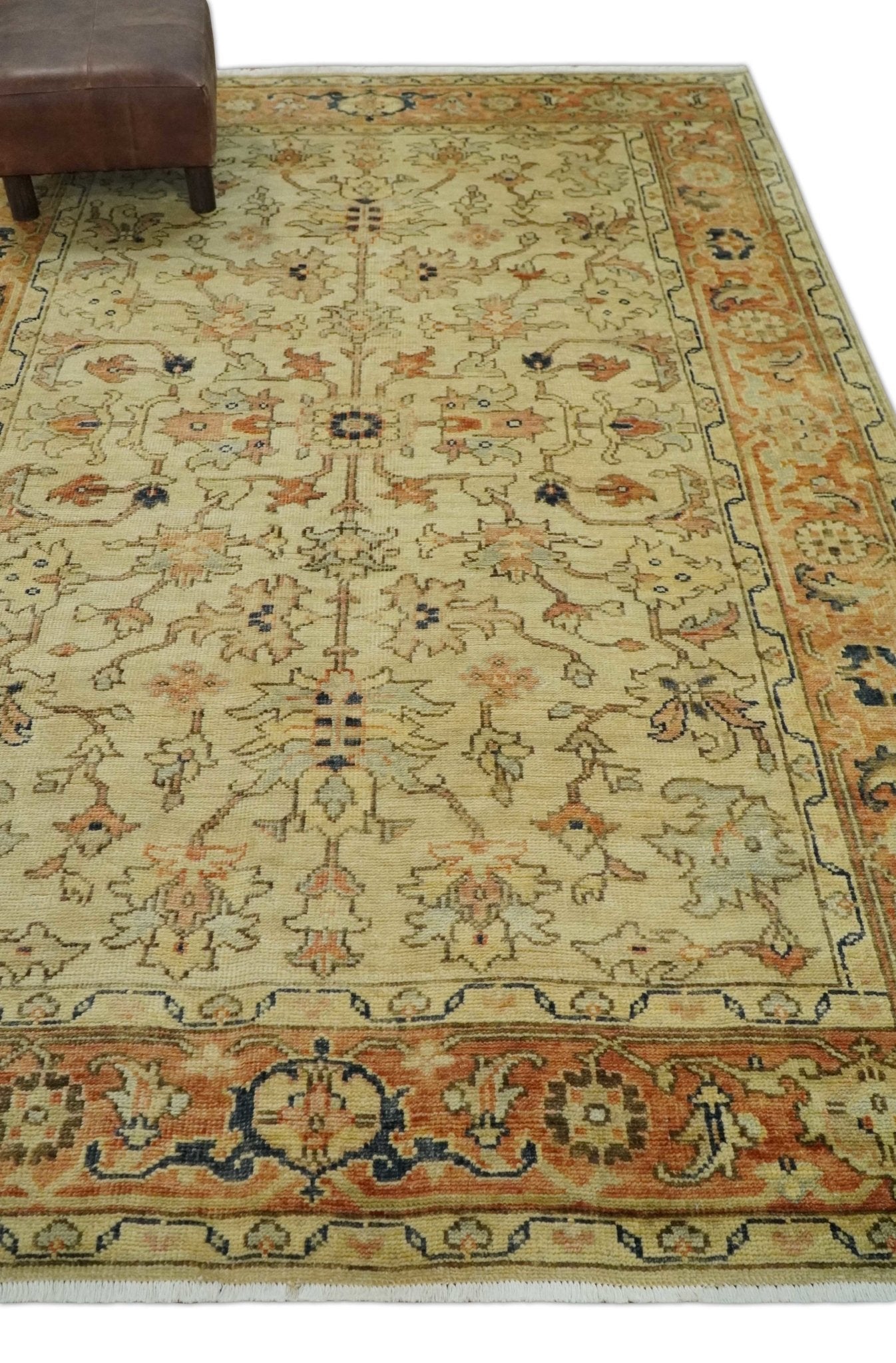 Hand Knotted Wool Rug in Beige and Rust with Antique Style Empress Tabriz Design