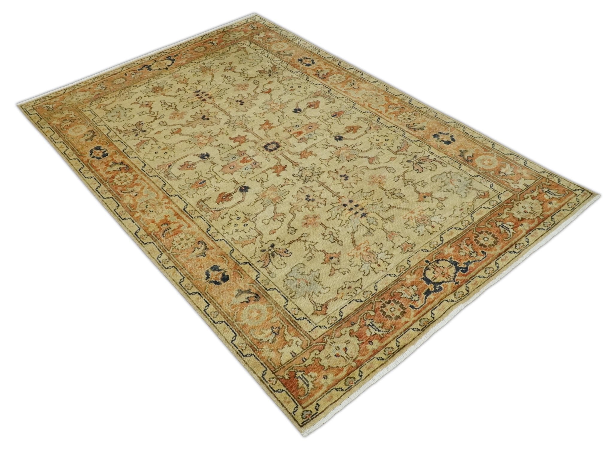 Hand Knotted Wool Rug in Beige and Rust with Antique Style Empress Tabriz Design