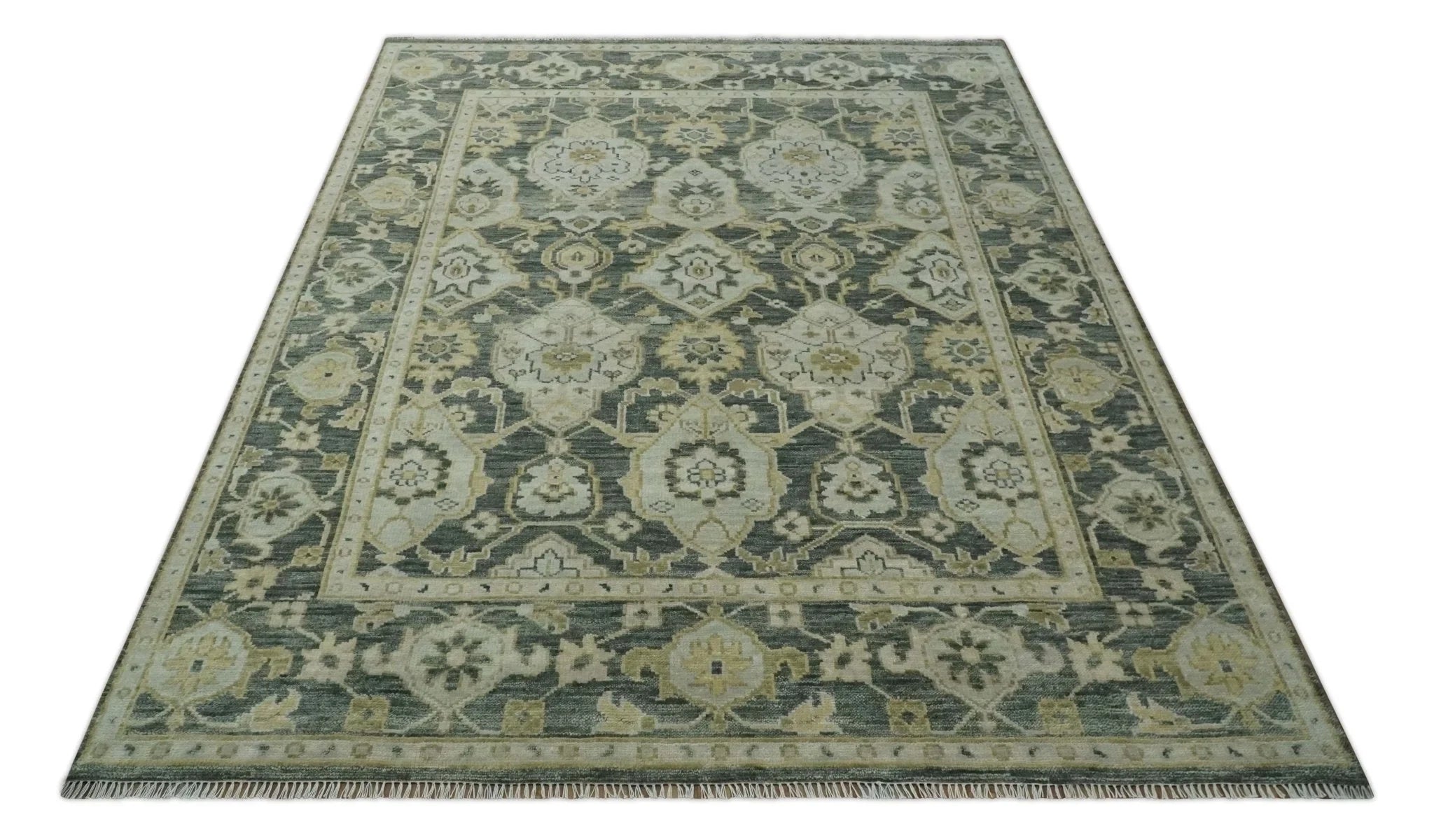 Antique style Gray, Ivory and Olive Hand knotted Traditional Oushak wool Area Rug - The Rug Decor