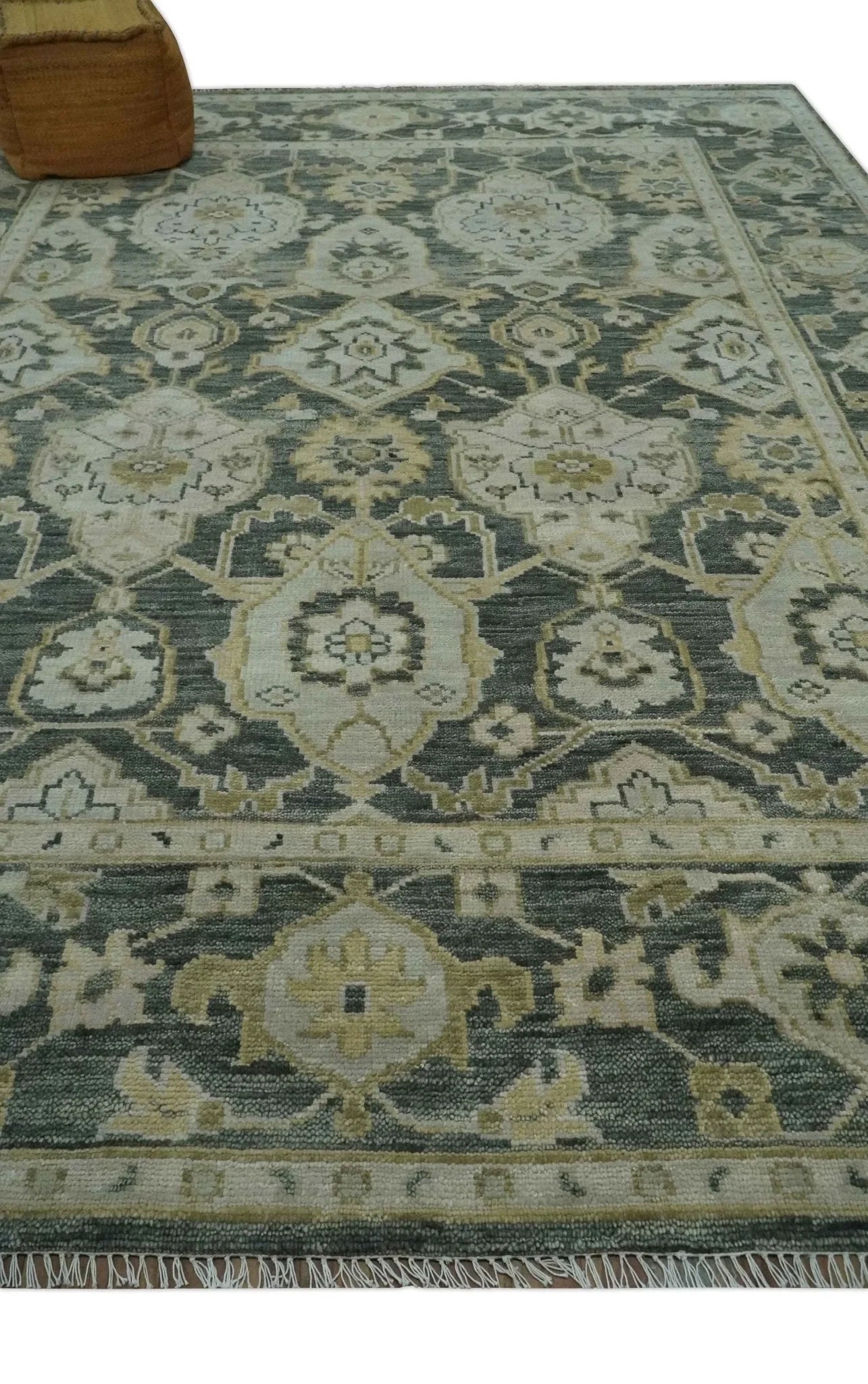 Antique style Gray, Ivory and Olive Hand knotted Traditional Oushak wool Area Rug - The Rug Decor