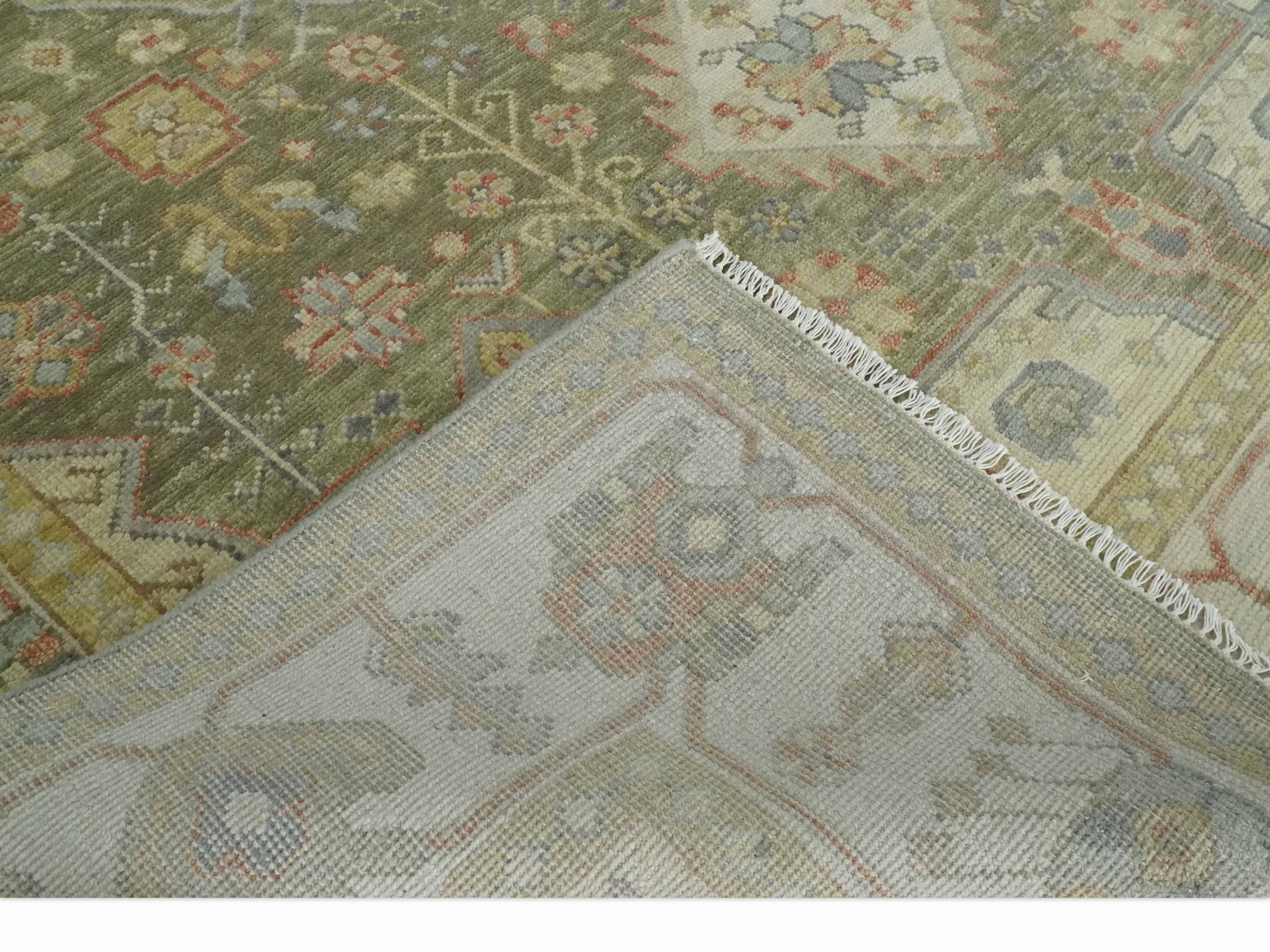 Antique Style Green, Ivory and Beige Hand knotted 9x12 wool Area Rug