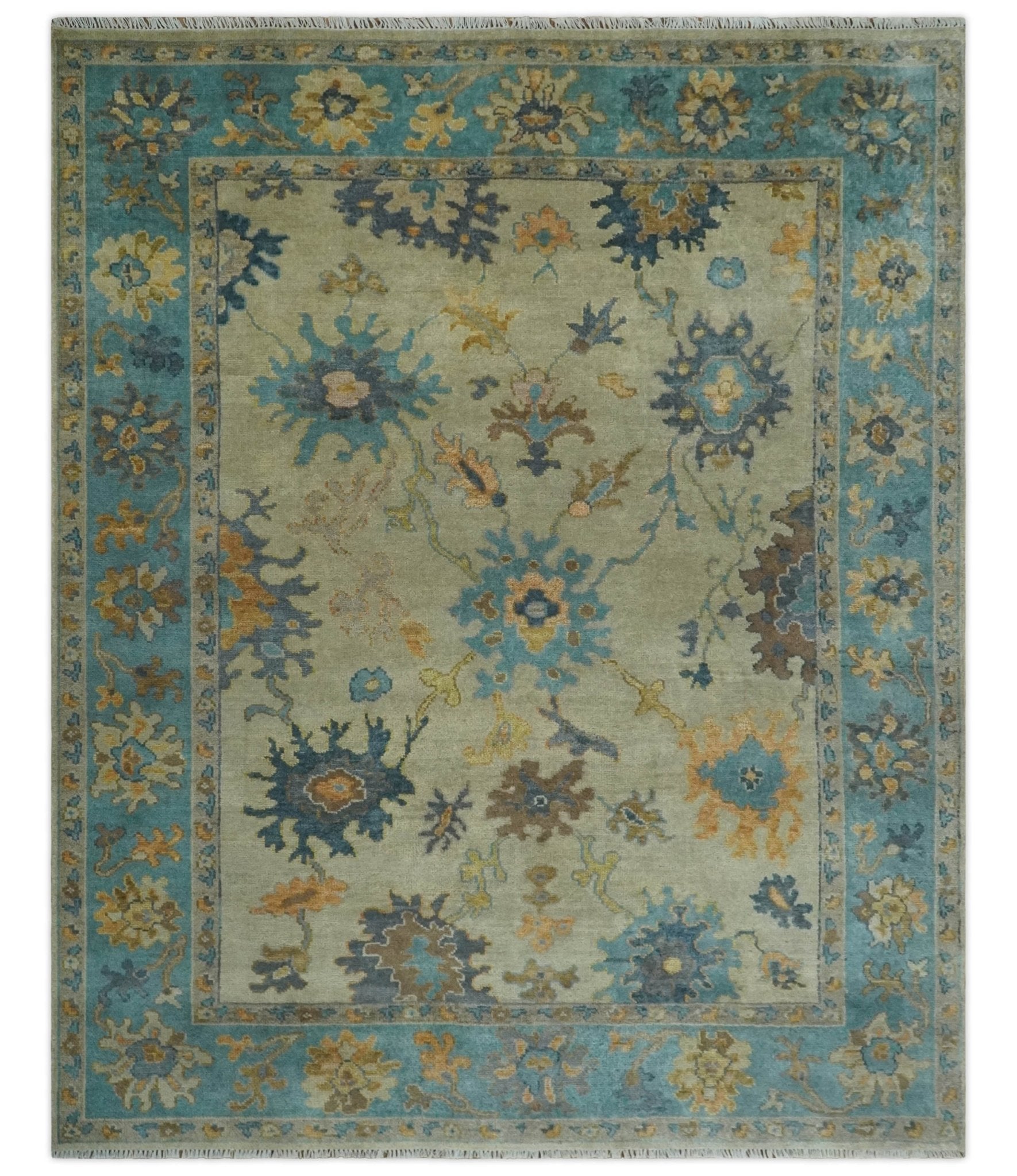 Antique Style Olive and Blue Hand knotted Traditional Oushak 8x10 wool Area Rug