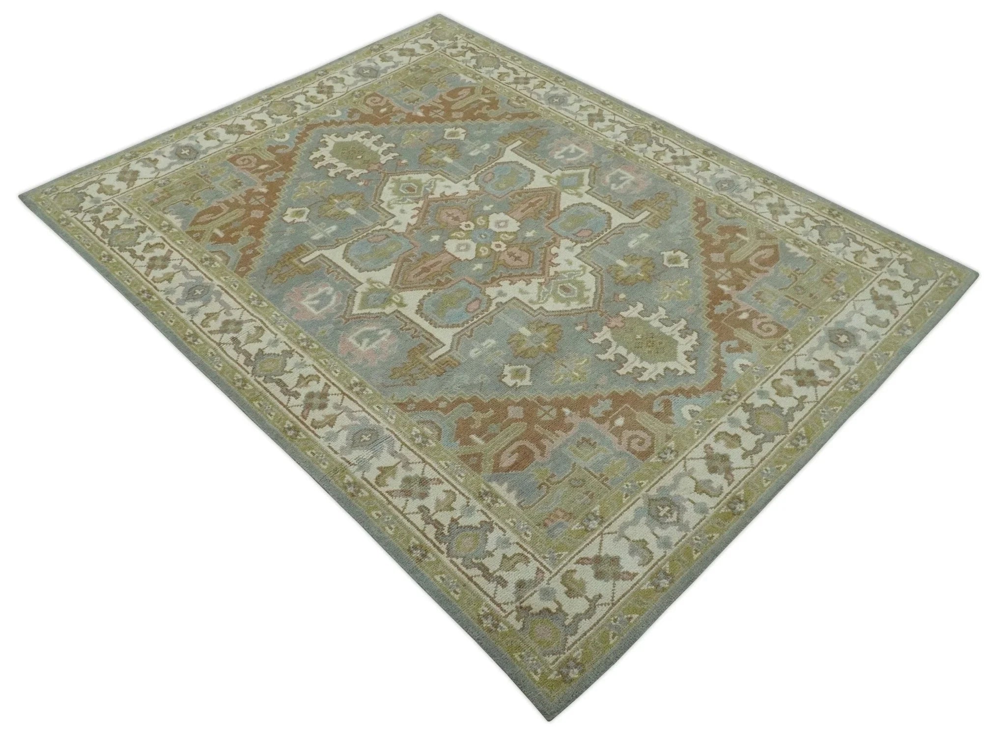 Antique Style Traditional Heriz Gray, Ivory, Peach and Olive Hand Knotted Multi Size wool Area Rug - The Rug Decor