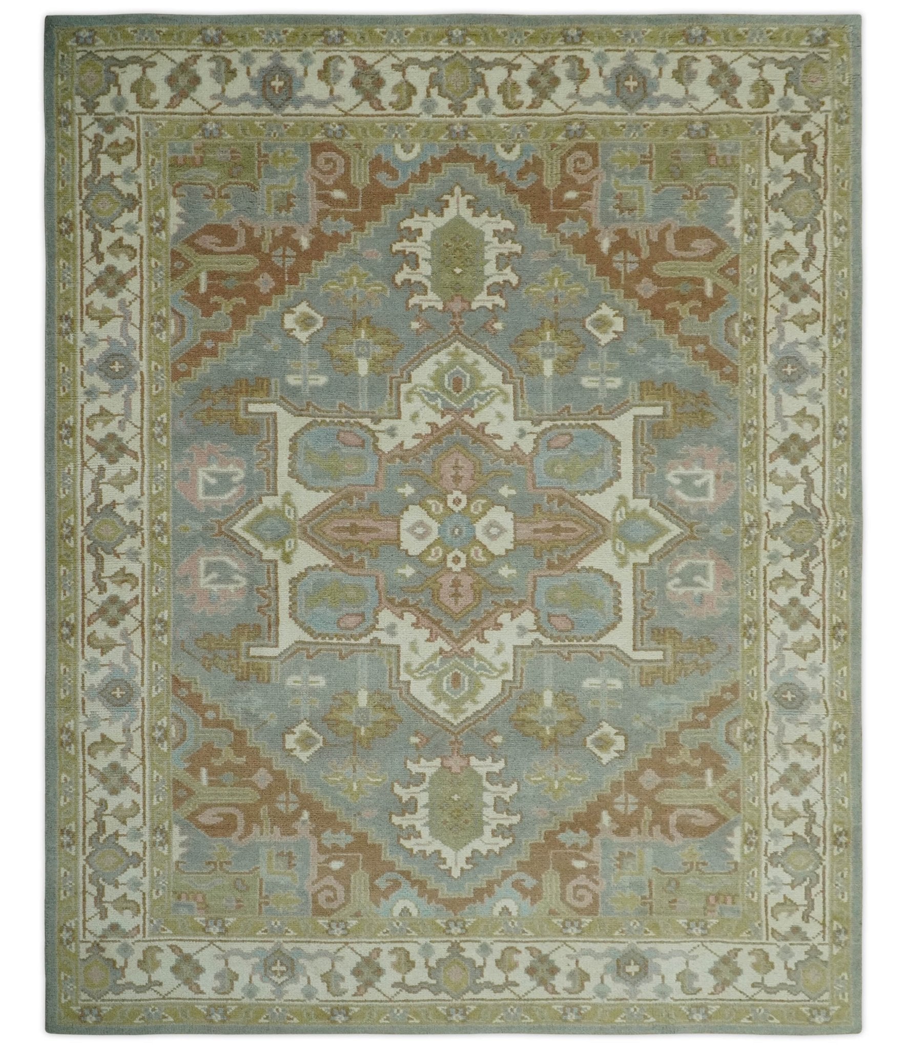 Antique Style Traditional Heriz Gray, Ivory, Peach and Olive Hand Knotted Multi Size wool Area Rug - The Rug Decor