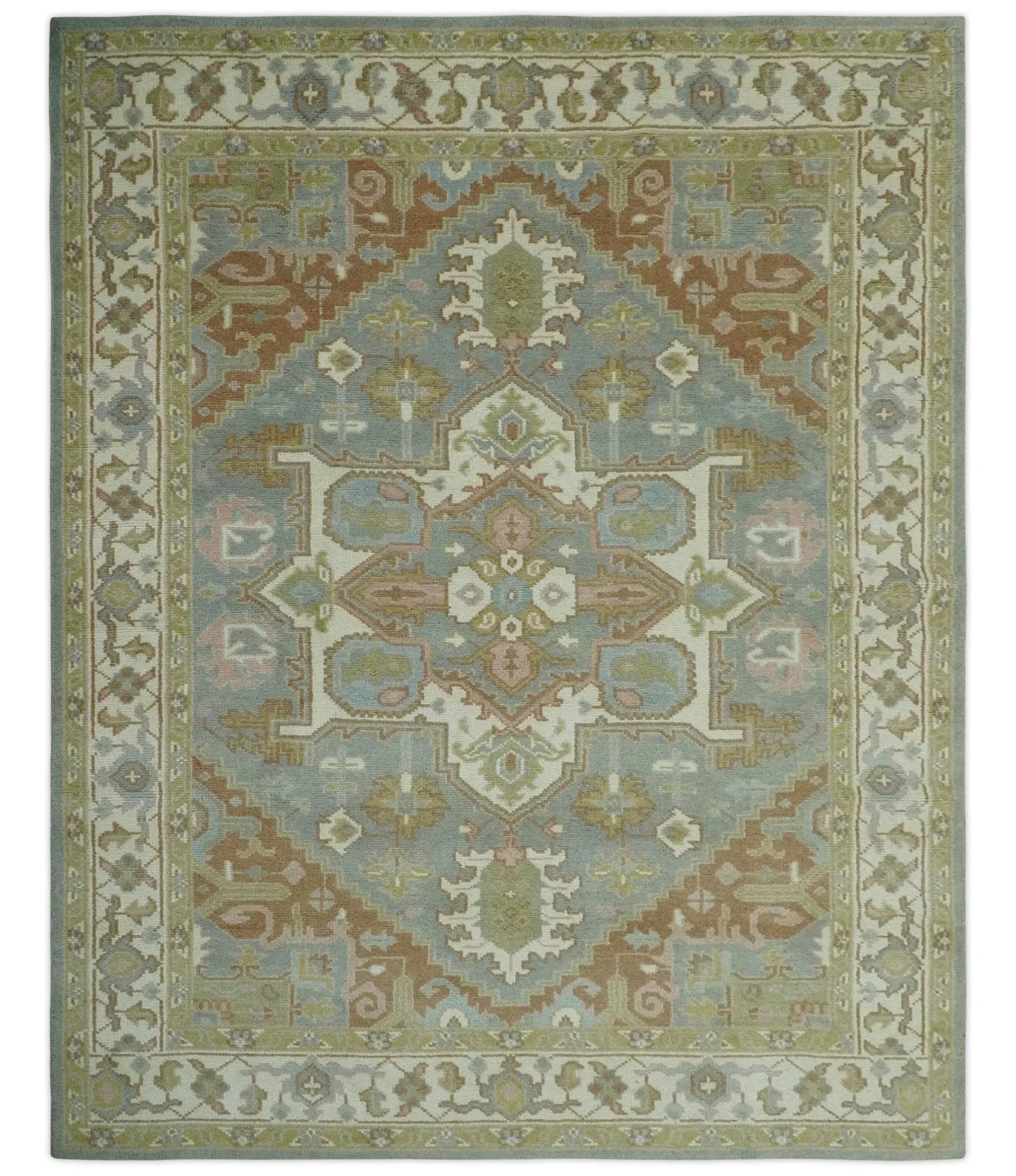 Antique Style Traditional Heriz Gray, Ivory, Peach and Olive Hand Knotted Multi Size wool Area Rug - The Rug Decor