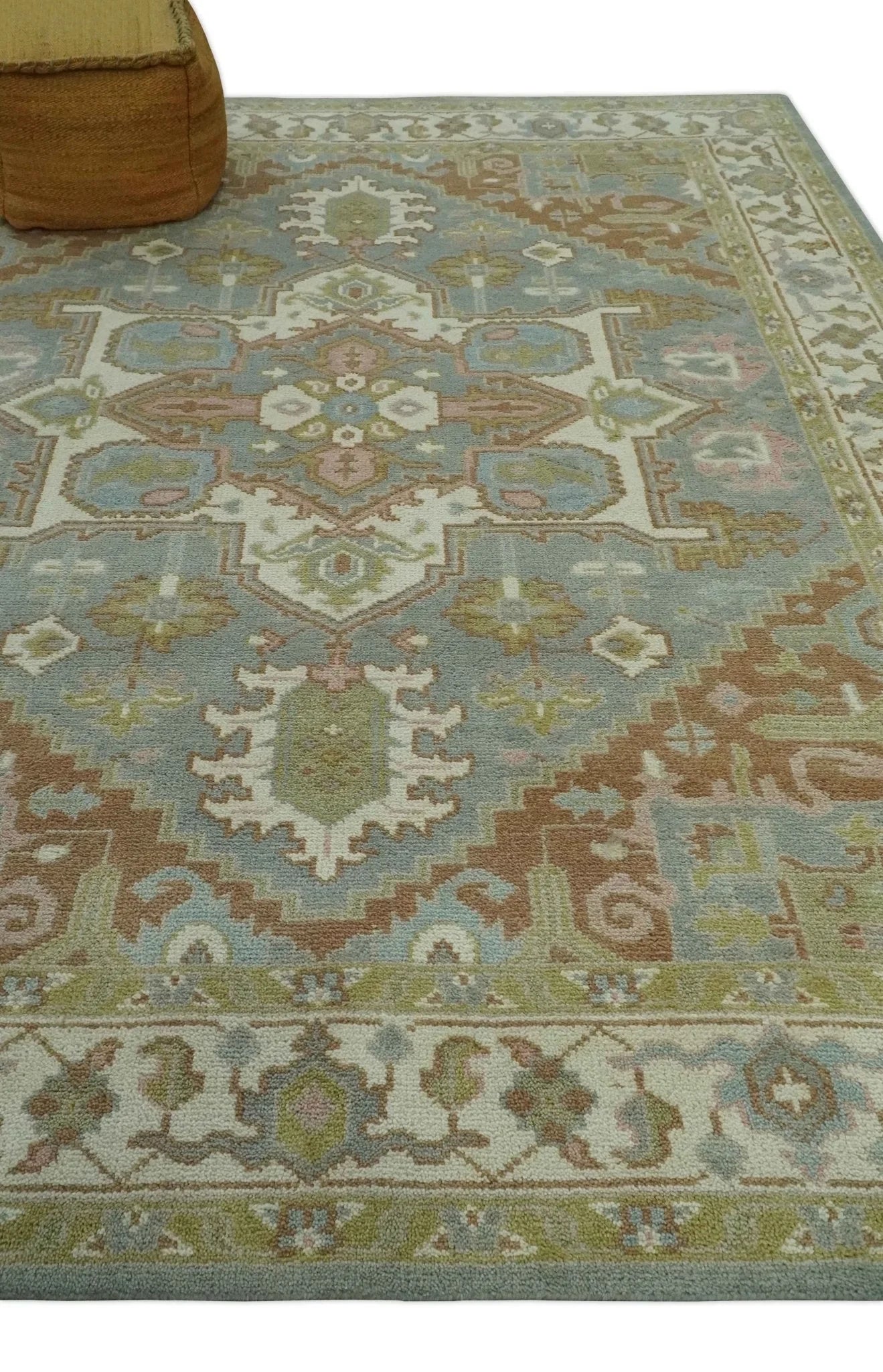 Antique Style Traditional Heriz Gray, Ivory, Peach and Olive Hand Knotted Multi Size wool Area Rug - The Rug Decor