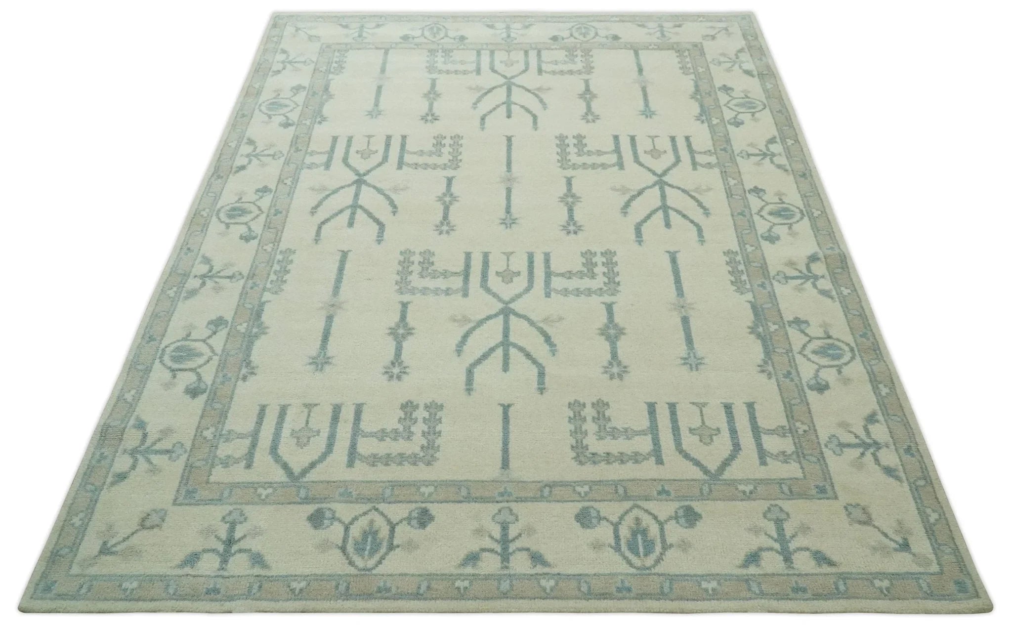 Antique Style Tree of life Beige and Teal Traditional Hand Knotted Custom Made wool Area Rug - The Rug Decor