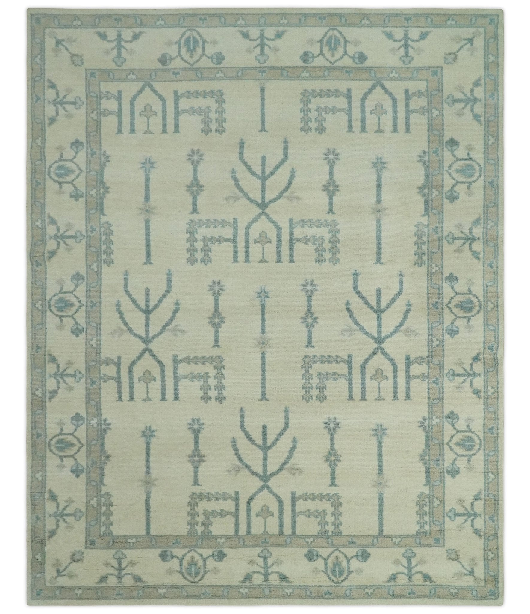 Antique Style Tree of life Beige and Teal Traditional Hand Knotted Custom Made wool Area Rug - The Rug Decor