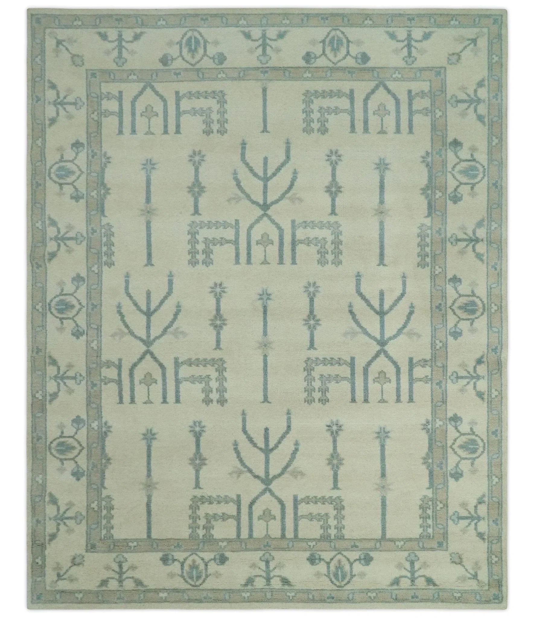Antique Style Tree of life Beige and Teal Traditional Hand Knotted Custom Made wool Area Rug - The Rug Decor