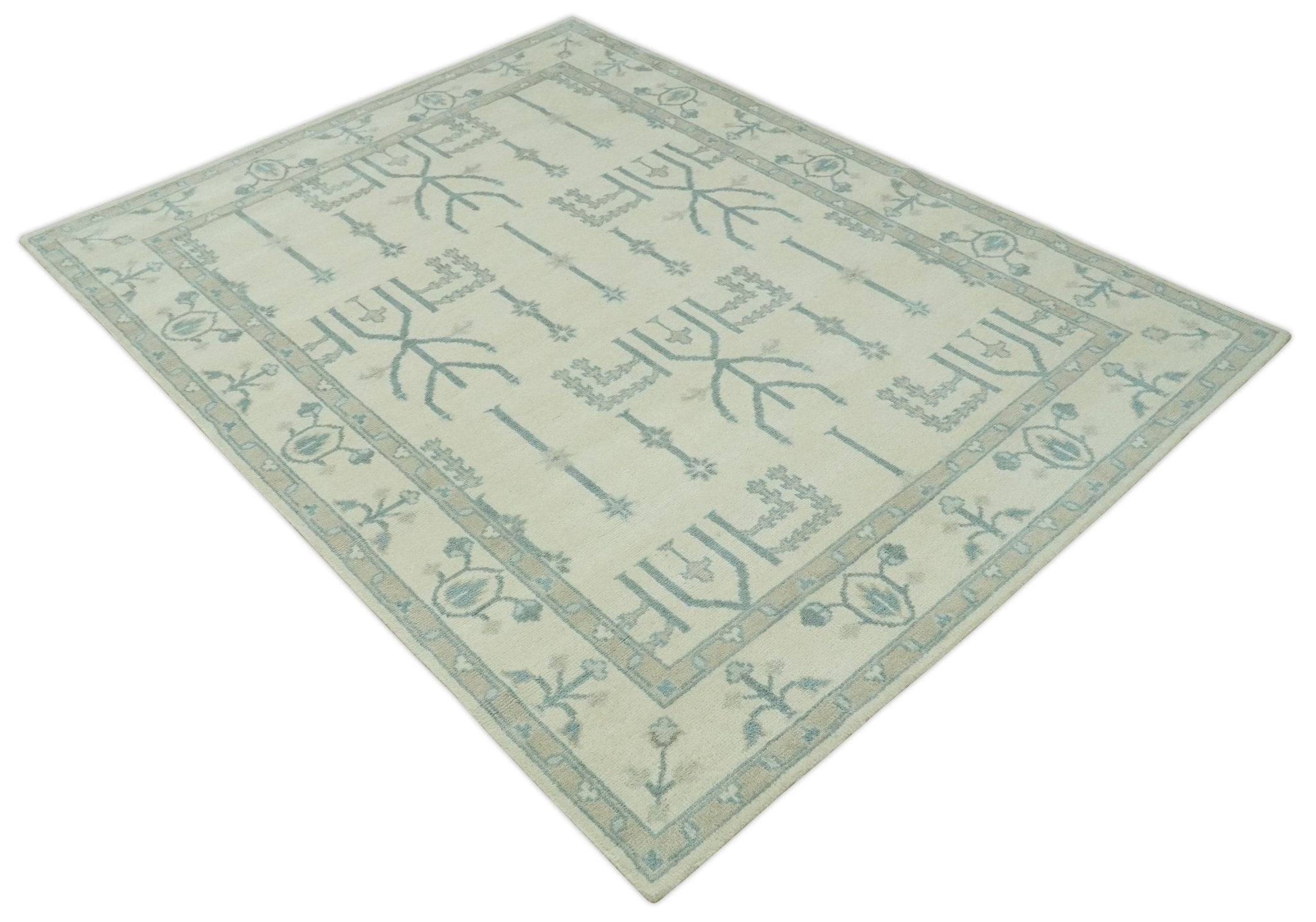 Antique Style Tree of life Beige and Teal Traditional Hand Knotted Custom Made wool Area Rug - The Rug Decor