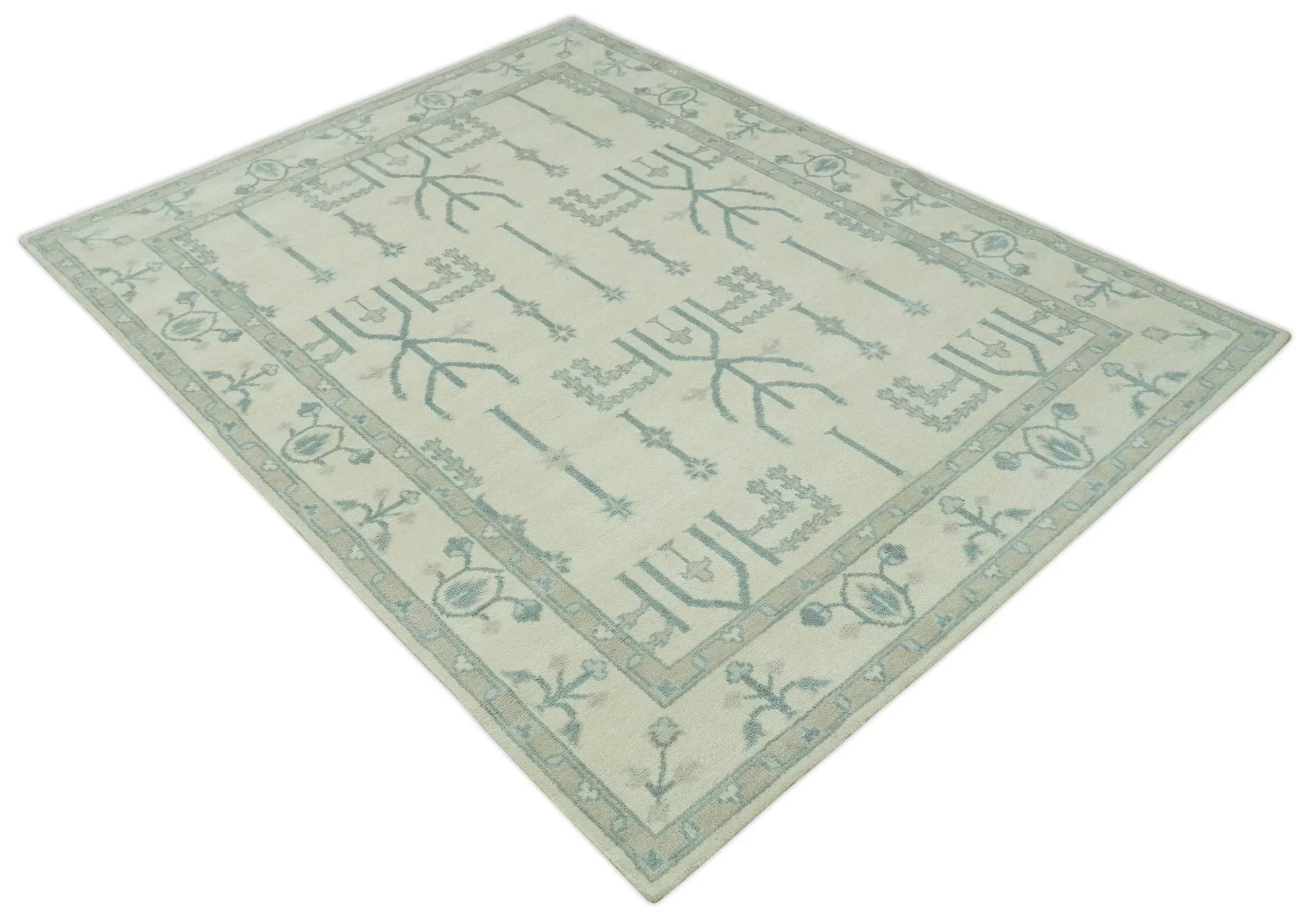 Antique Style Tree of life Beige and Teal Traditional Hand Knotted Custom Made wool Area Rug - The Rug Decor