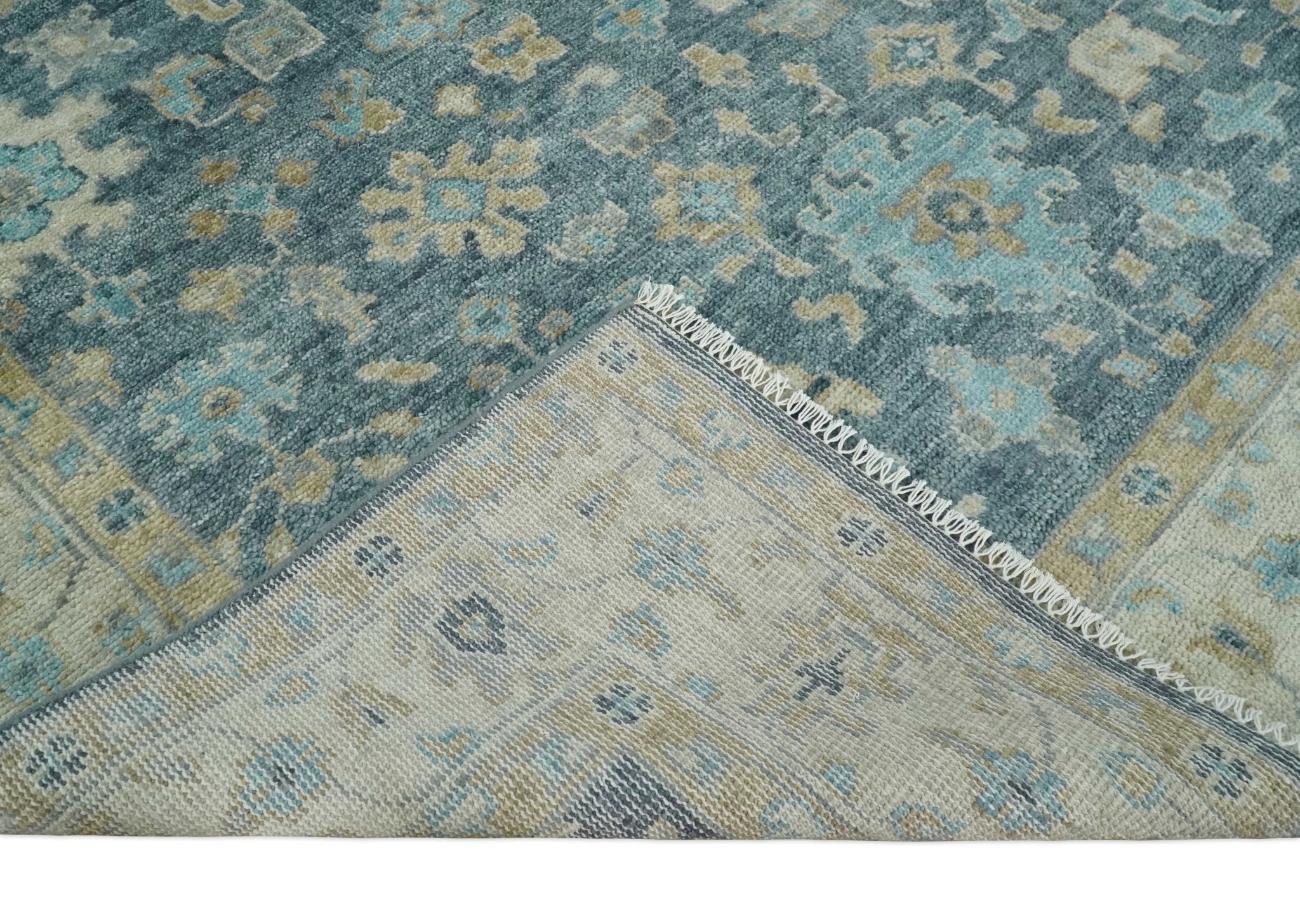 Antique Teal Blue Custom Made Hand Knotted Oriental Oushak Ivory and Beige Wool Area Rug