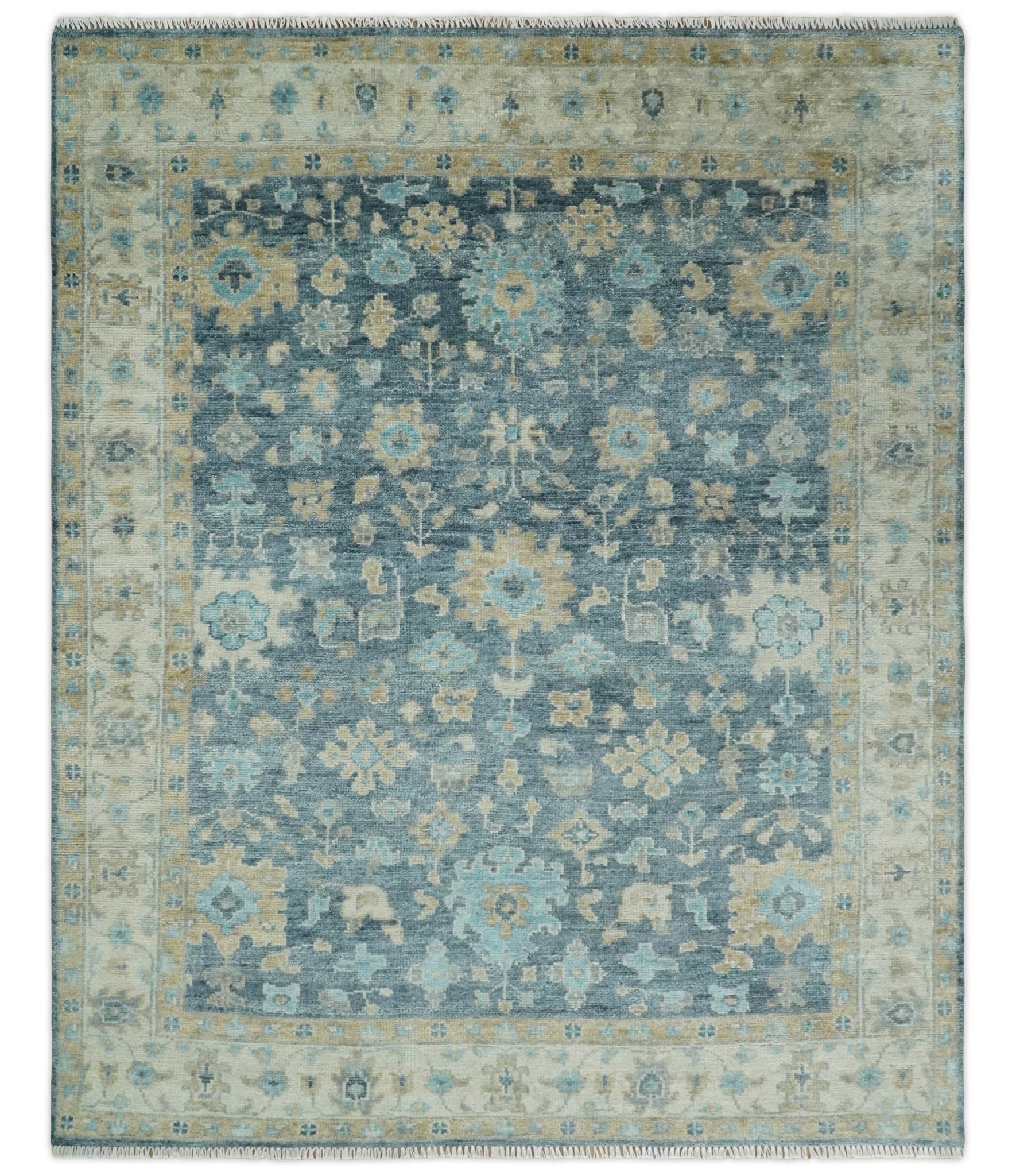 Antique Teal Blue Custom Made Hand Knotted Oriental Oushak Ivory and Beige Wool Area Rug