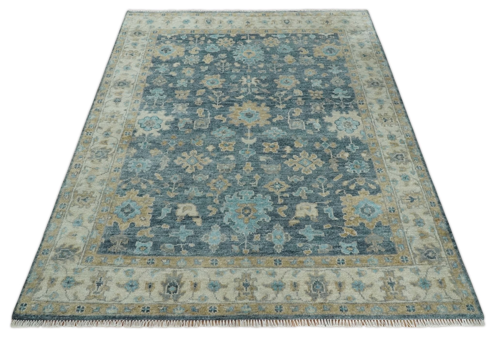 Antique Teal Blue Custom Made Hand Knotted Oriental Oushak Ivory and Beige Wool Area Rug