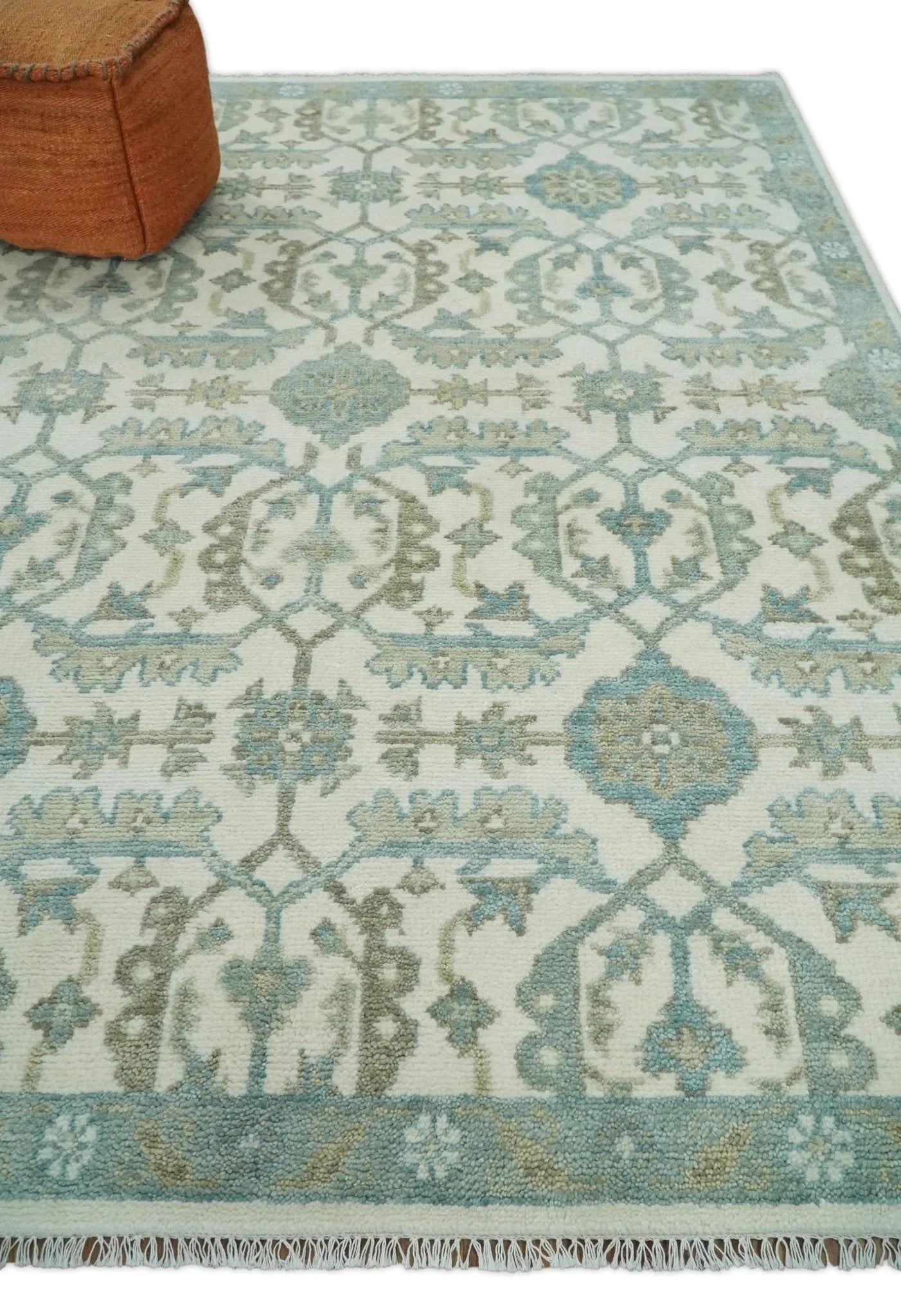 Antique Turkish Oushak 8x10 Beige and Blue Hand Knotted Large Wool Area Rug | TRDCP428810 - The Rug Decor
