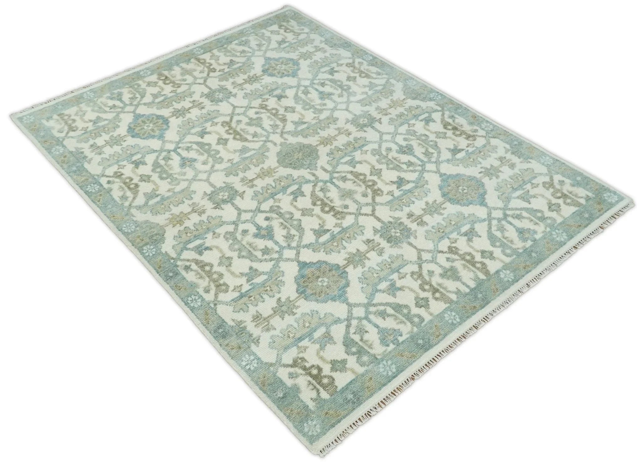 Antique Turkish Oushak 8x10 Beige and Blue Hand Knotted Large Wool Area Rug | TRDCP428810 - The Rug Decor