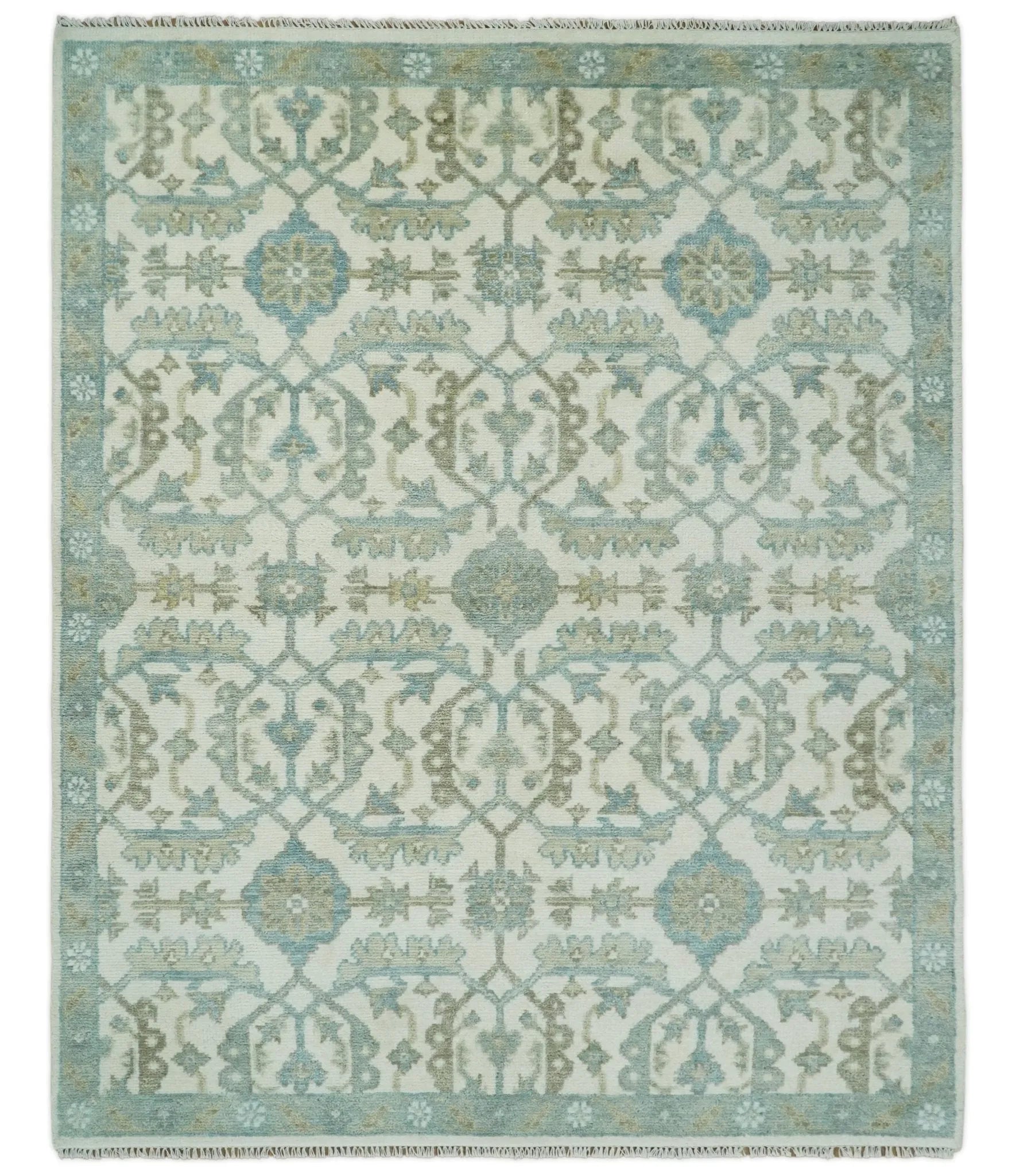 Ivory, Blue and Beige Hand knotted Traditional Large Design Multi Size wool Area Rug
