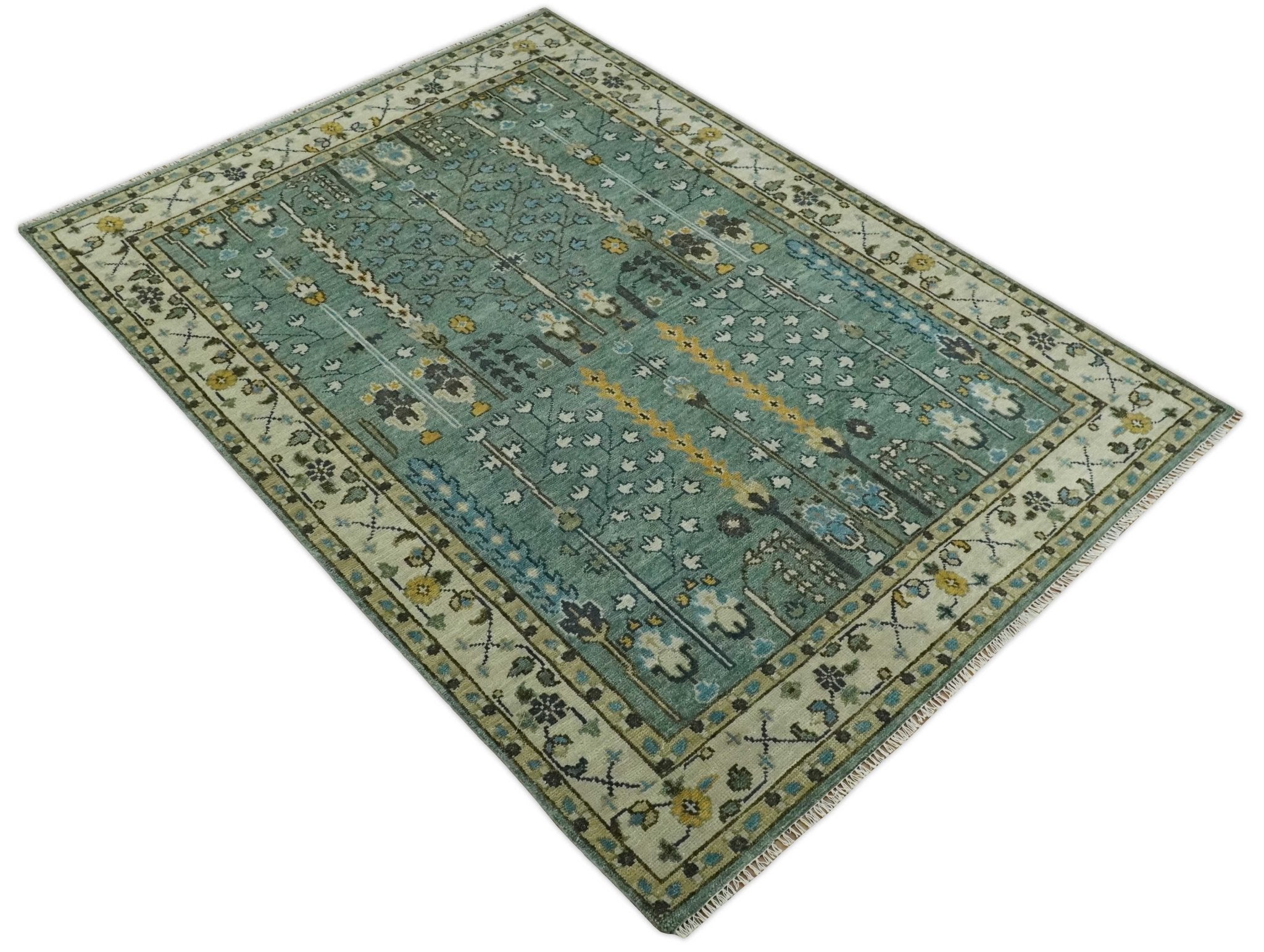 Aqua 8x10 Hand Knotted Blue and Ivory Traditional Persian Vintage Heriz Serapi Wool Rug | TRDCP599810 - The Rug Decor