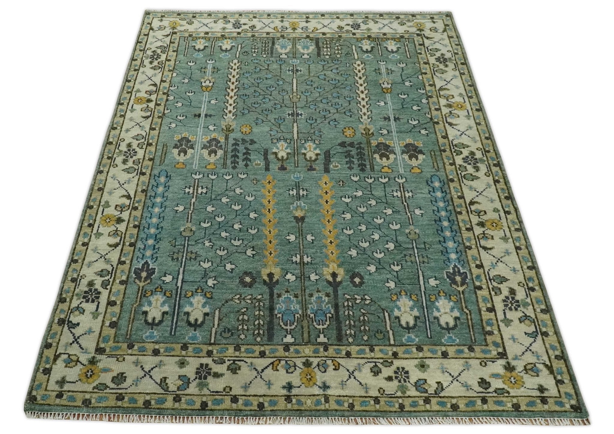 Aqua 8x10 Hand Knotted Blue and Ivory Traditional Persian Vintage Heriz Serapi Wool Rug | TRDCP599810 - The Rug Decor